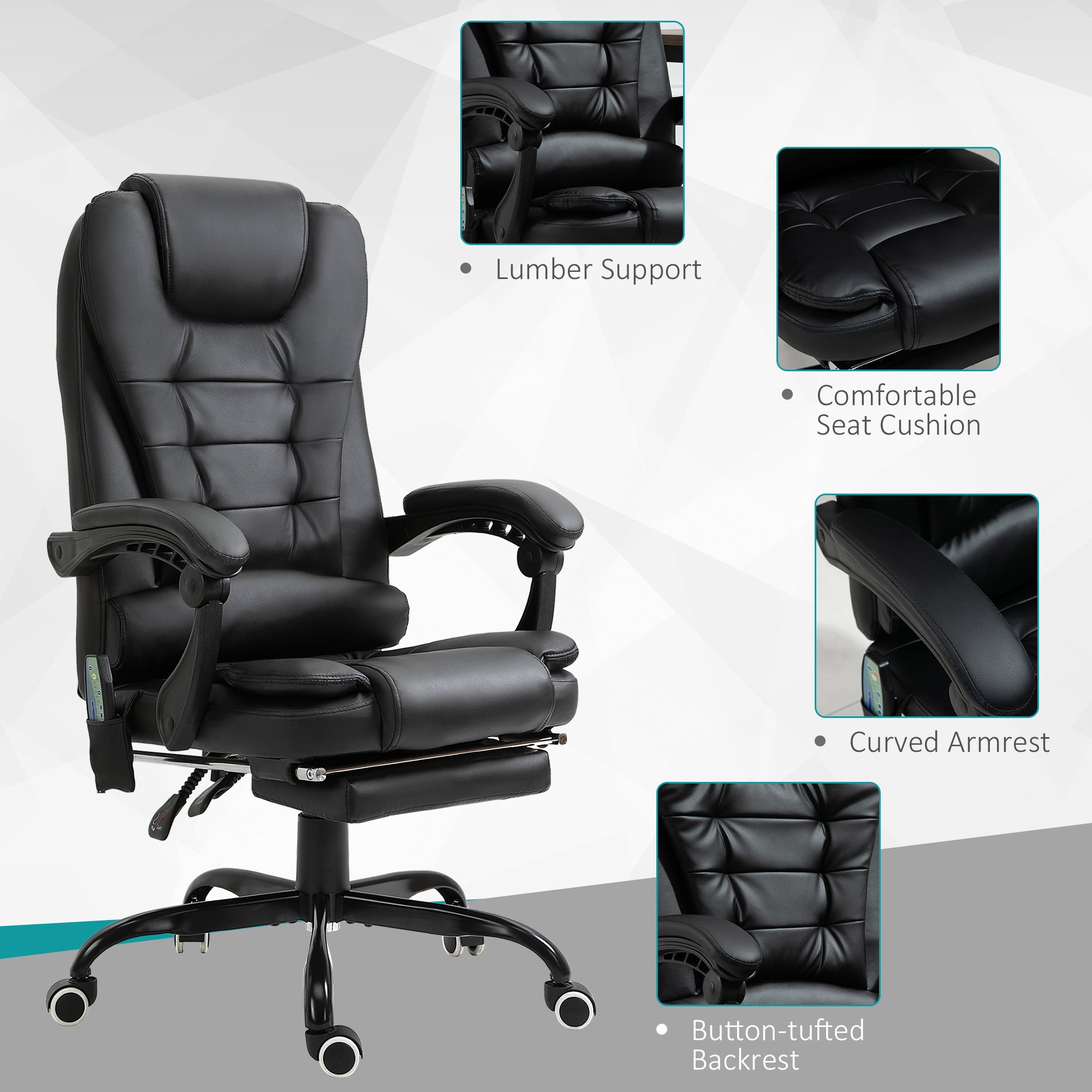 Declan Office Chair with Recliner and  Footrest, Vibrating Massage, Adjustable Height, Perfect Office, Black