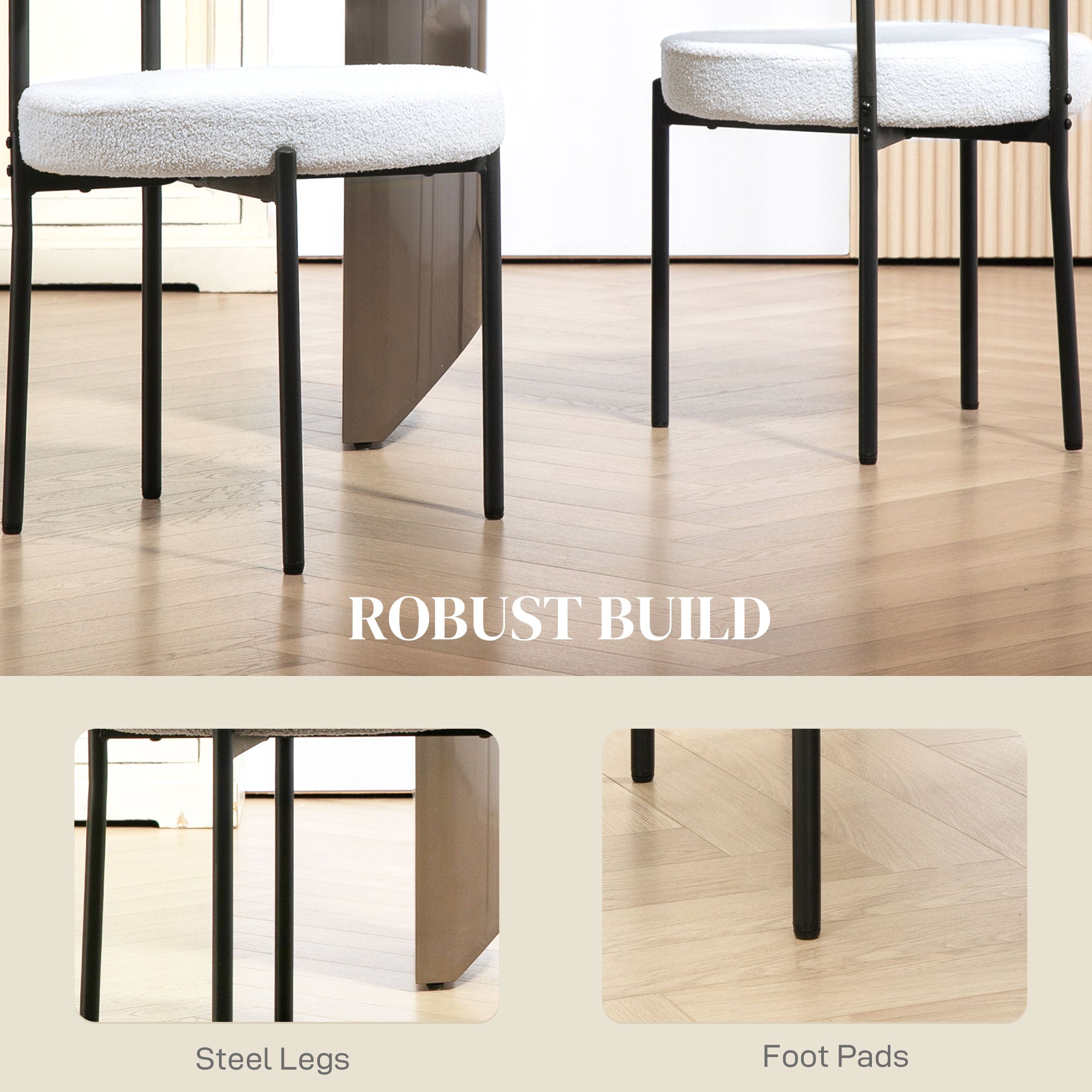 Cruz 2 Pieces Kitchen Chairs, Modern Dining Chairs w/ Berber Fleece Upholstery and Steel Legs for Living Room, Cream White