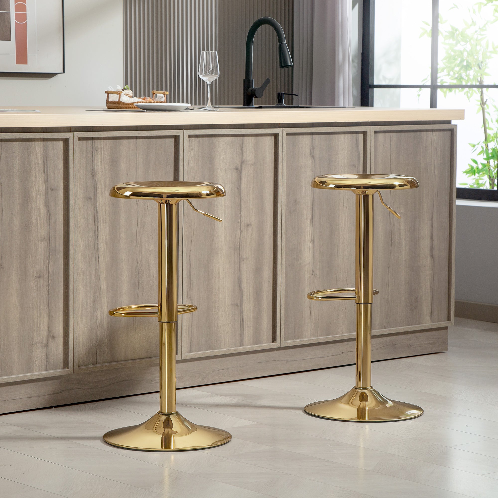 Canmore Steel Bar Stools Set of 2, Adjustable Counter Height Round Breakfast Barstools, Industrial Swivel Bar Chairs, Gold
