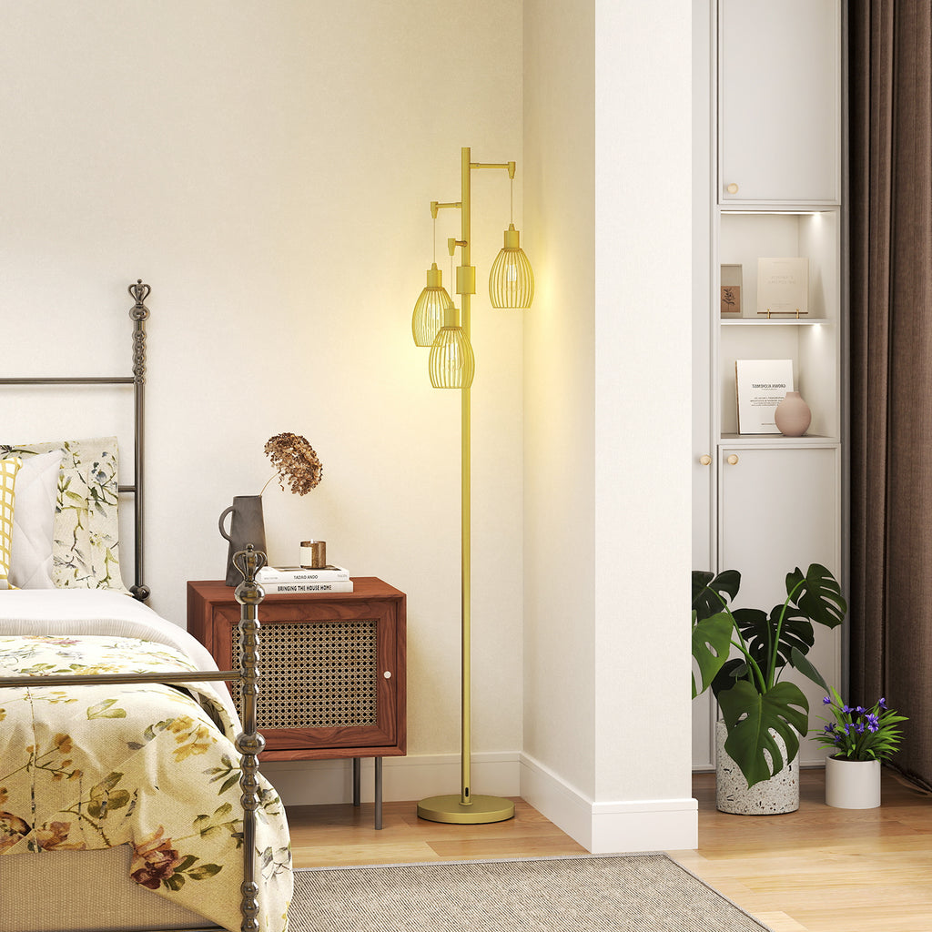 Carmen Dimmable Floor Lamp with 3 Hanging Wire Lampshades-Gold