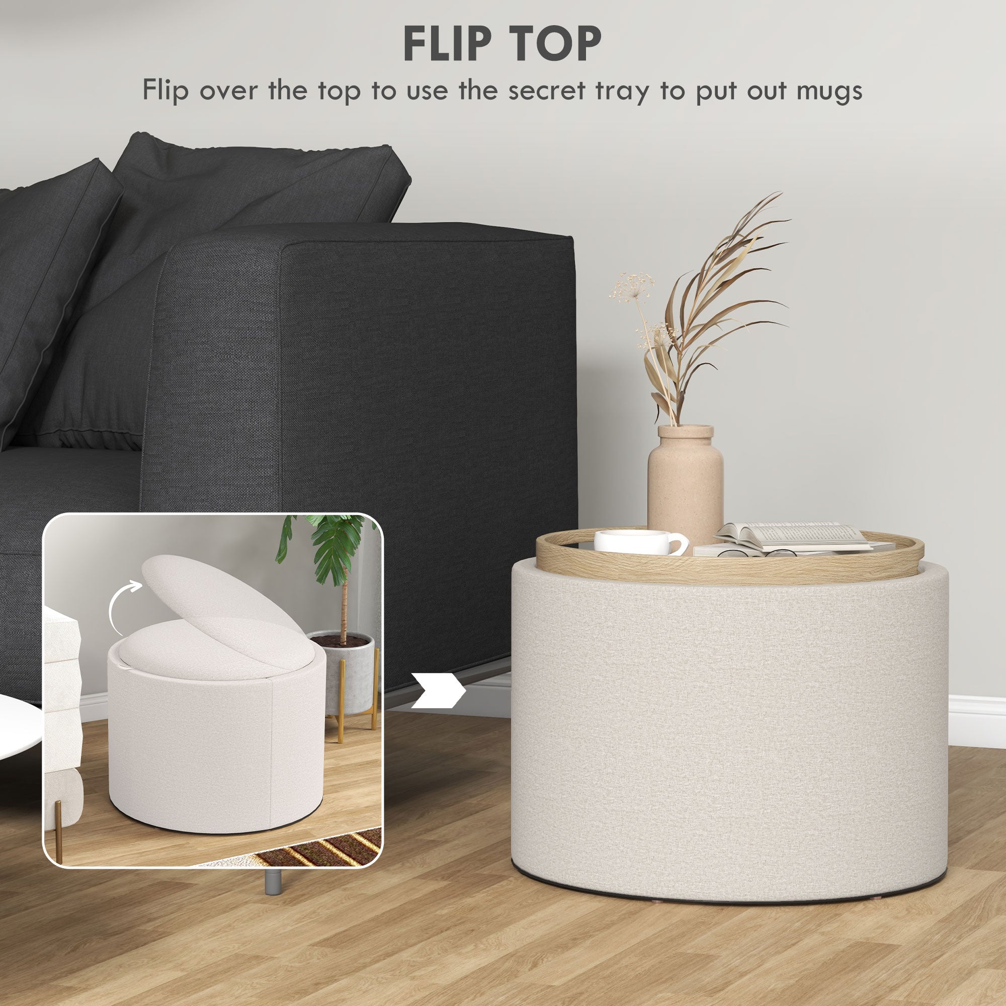 Ezra Round Coffee/End Table with Hidden Storage and Tray Top for Livingroom-Cream White