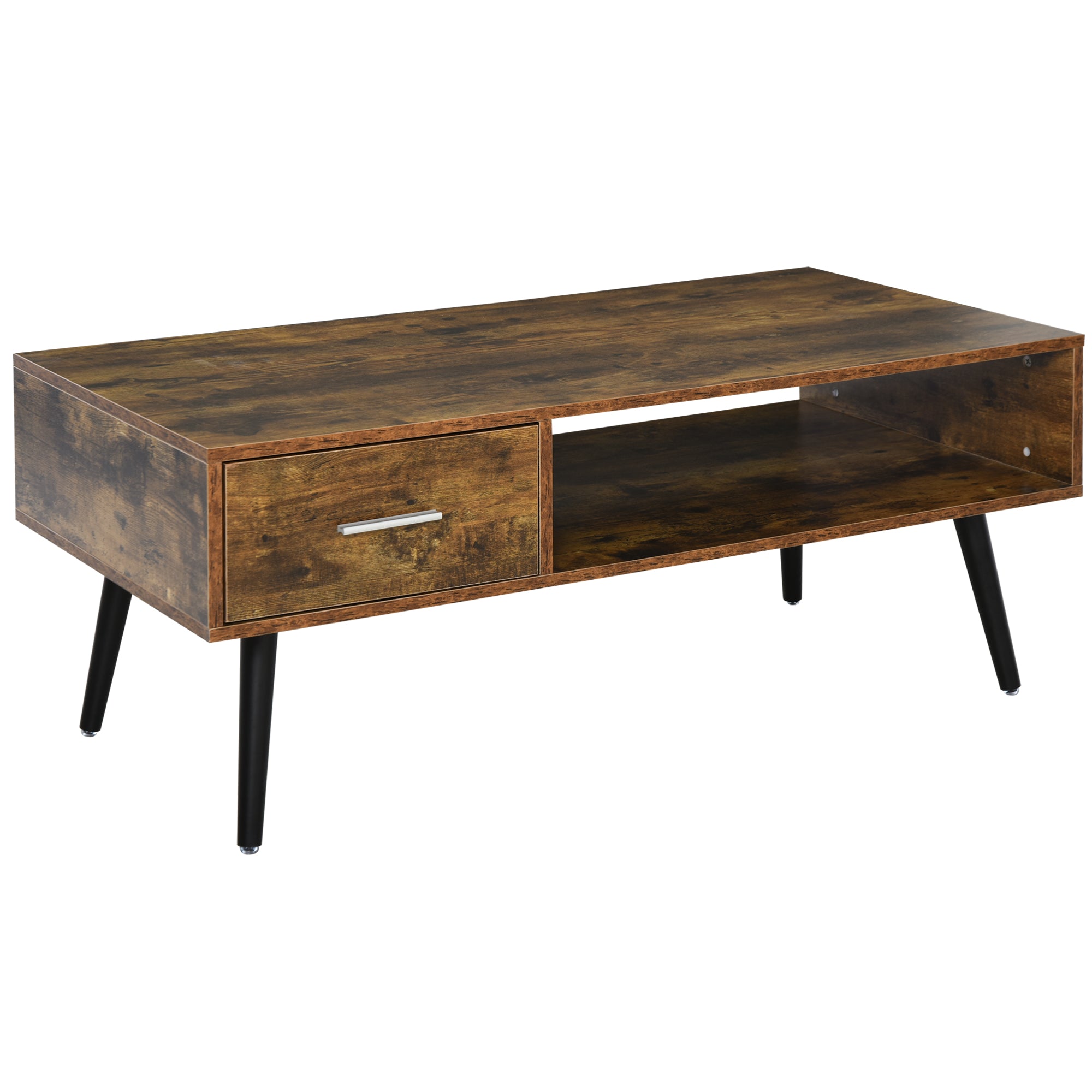 Omari Retro Coffee Table with Storage Shelf and Drawer for Living Room, Vintage Wooden Sofa Side Table, Rustic Brown