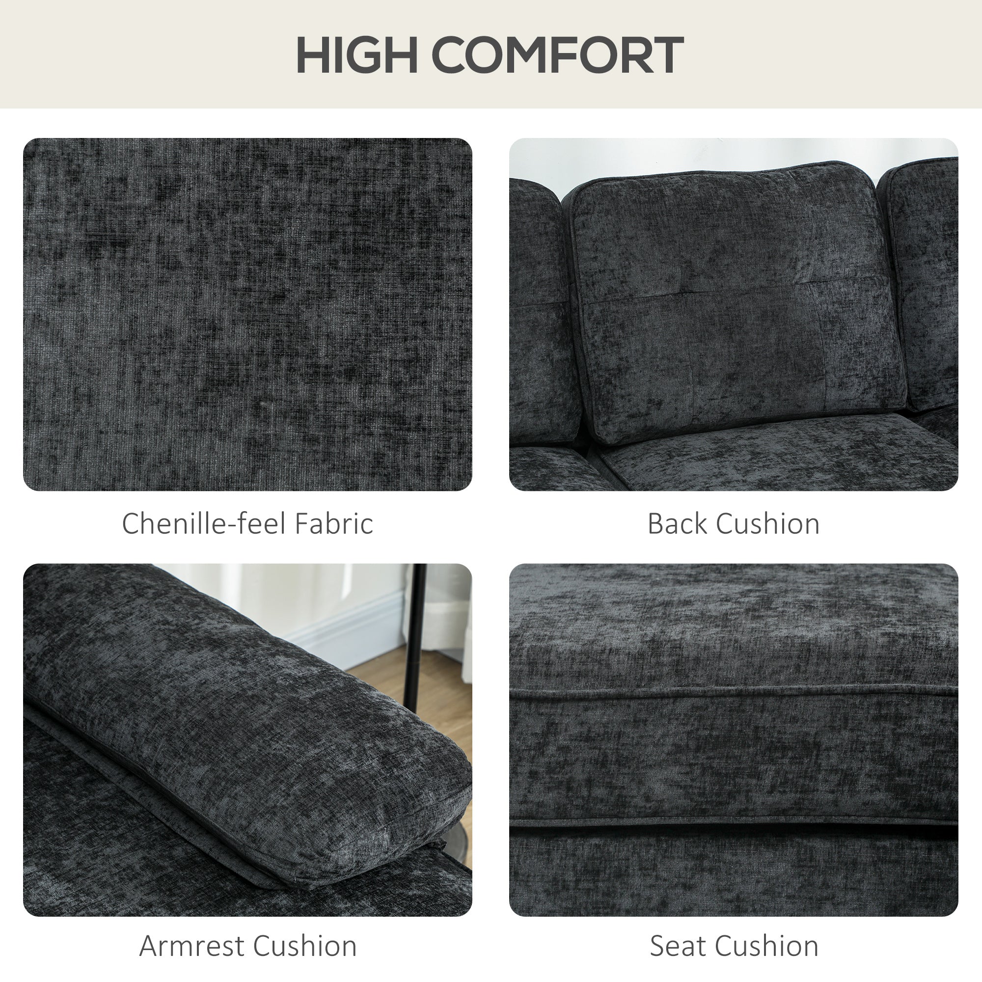 Halston Modern RHF Sectional with Tufted 3-Seater Cushions and Wooden Legs-Black