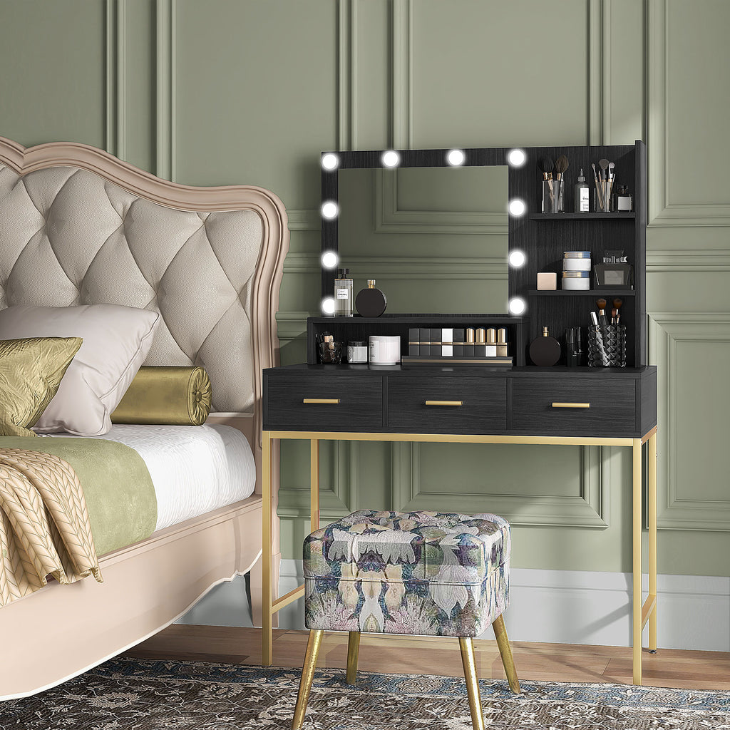 Sophia Illuminated Dressing Table, LED Vanity Table with Mirror, 3 Drawers and Storage Shelves for Bedroom, Black