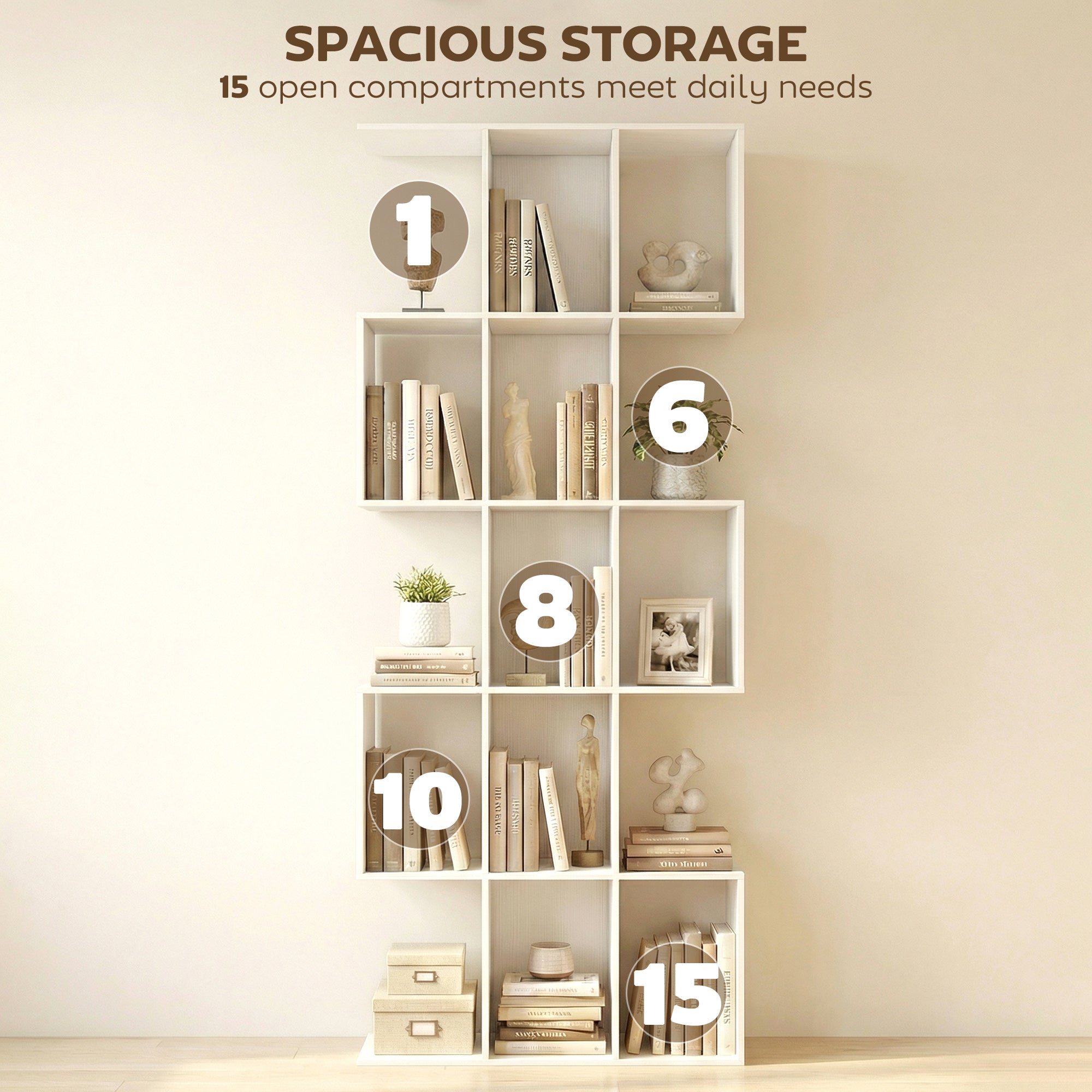 Ari 5-Tier S Shaped Geometric Bookshelf with 15 Compartments-White