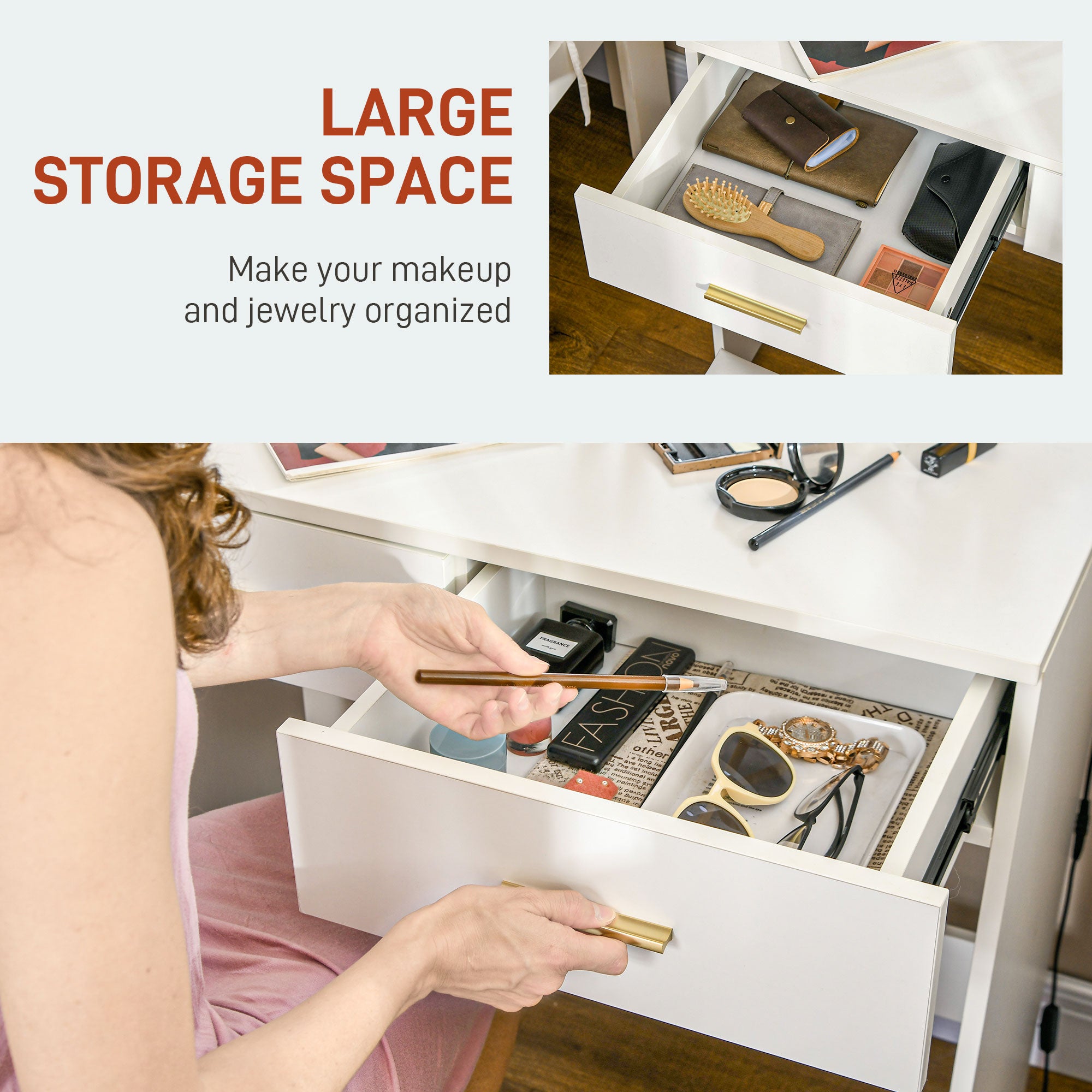 Olivia Makeup Vanity Table Set with Stool, Dressing Table with LED Lighting Mirror, Drawers, for Bedroom, White