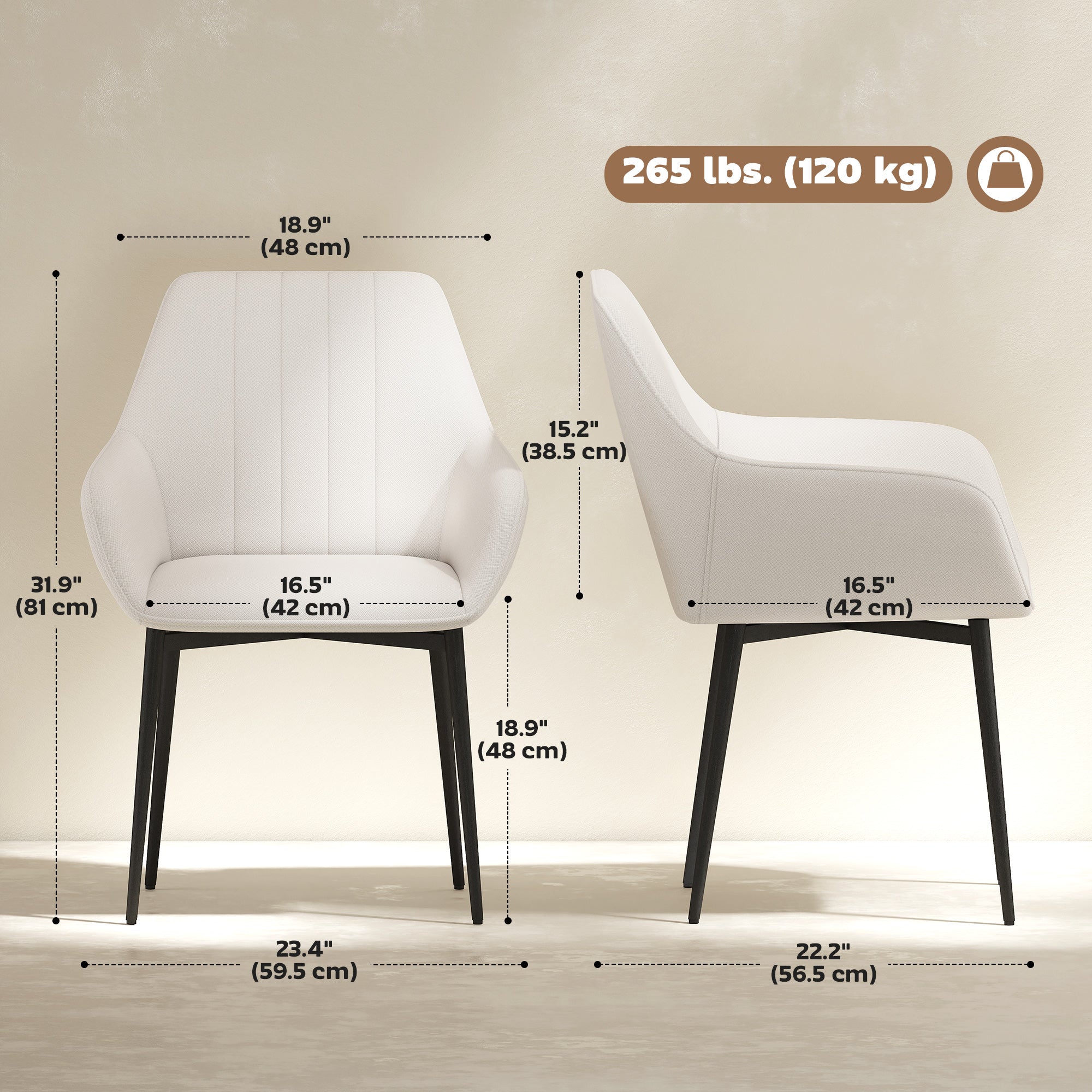 Robbie Dining Chairs Set of 2, Upholstered Linen Fabric Accent Chairs with Metal Legs, Beige