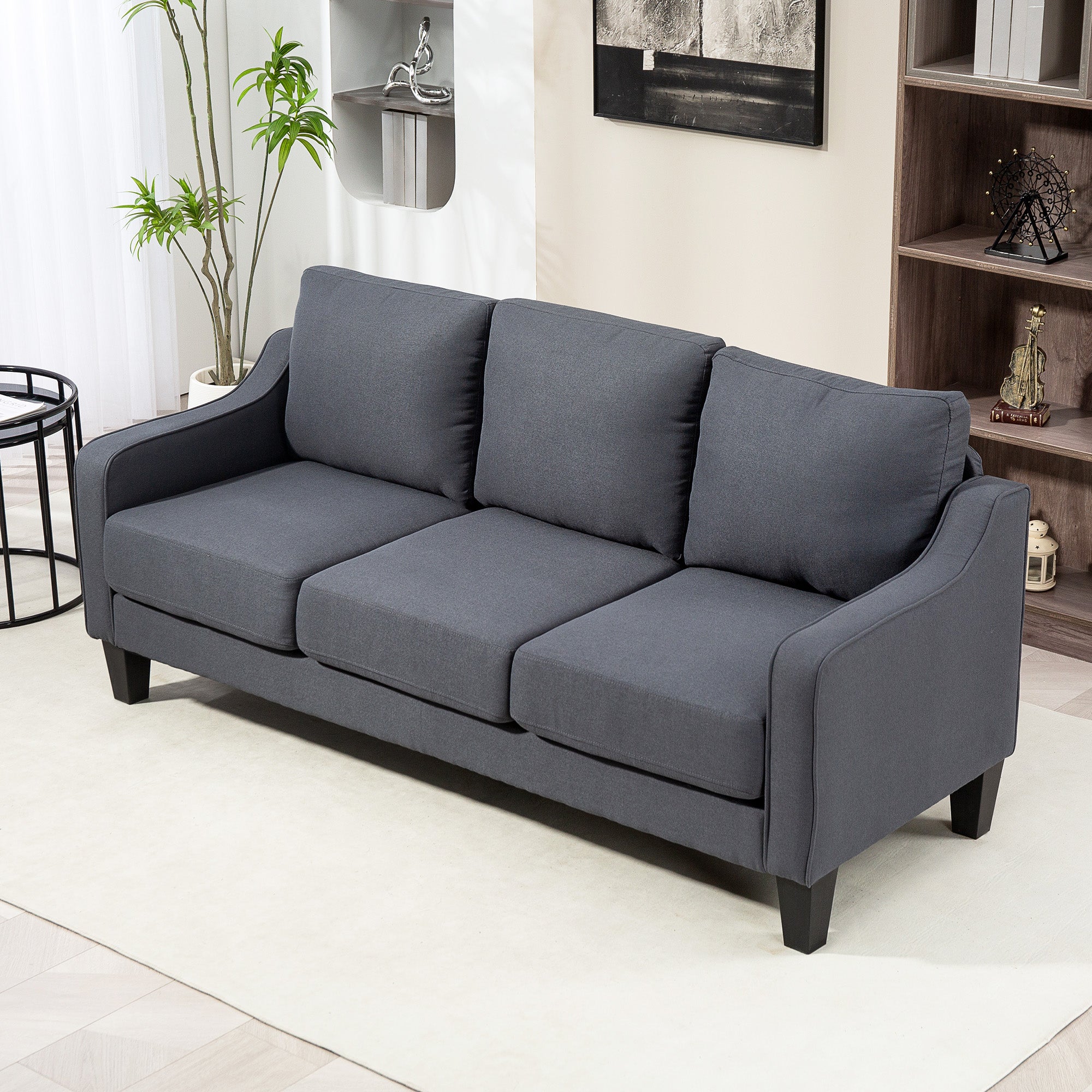 Drew Modern 3 Seater Linen Upholstered Sofa-Charcoal Grey