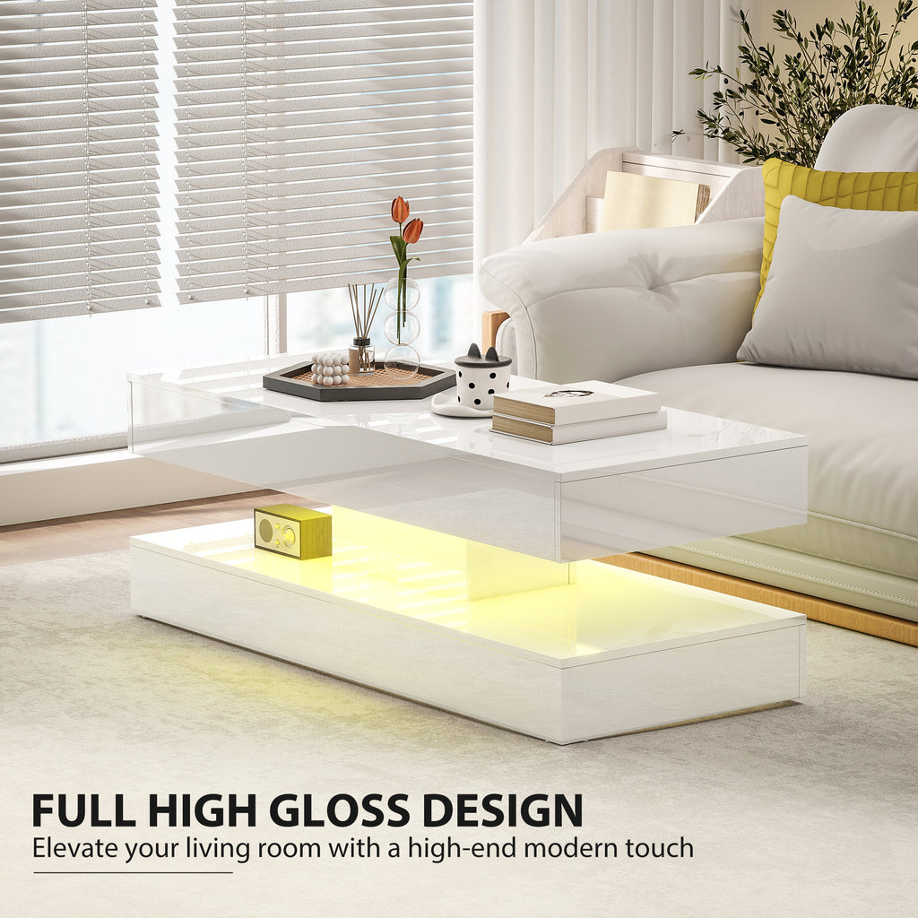 Erin Modern Coffee Table with 2 Drawers and Adjustable LED Lights-High Gloss White