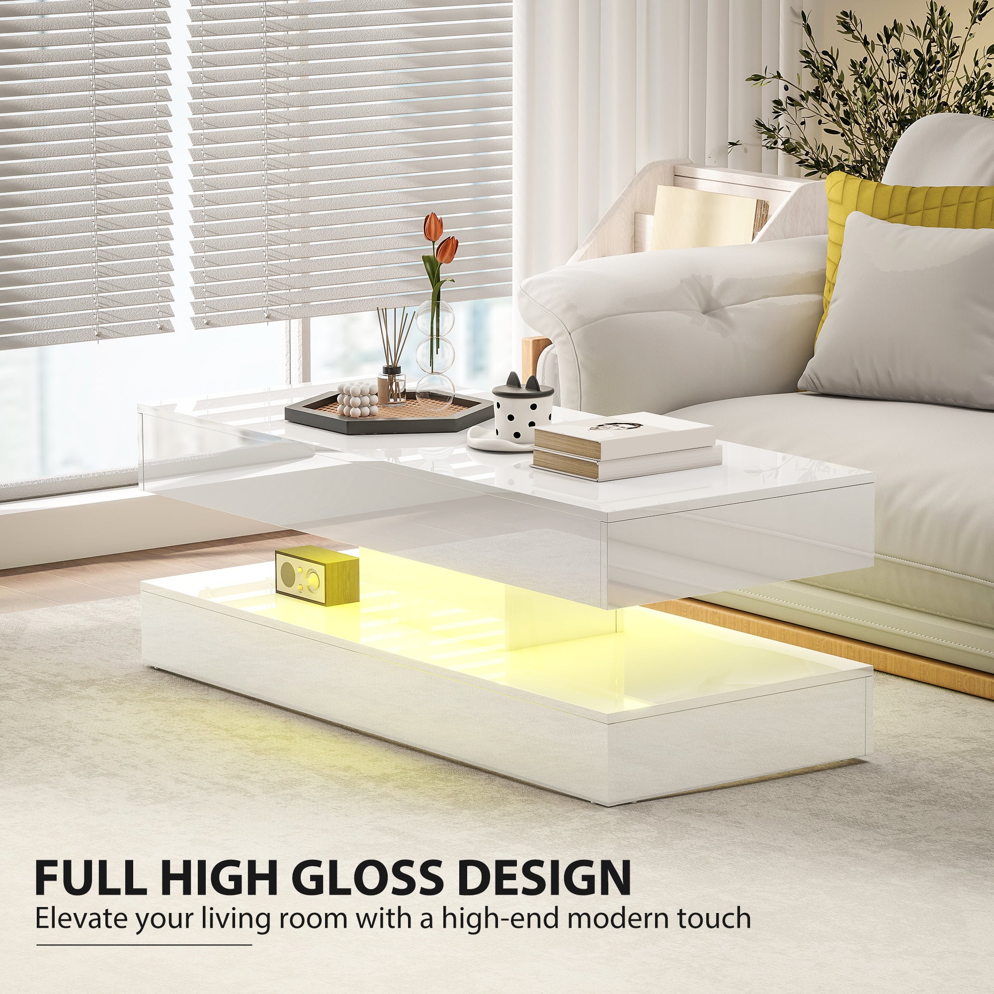 Erin Modern Coffee Table with 2 Drawers and Adjustable LED Lights-High Gloss White