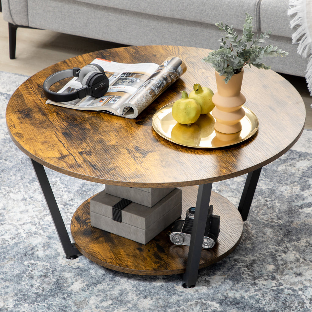 Matt 2-Tier Round Coffee Table with Storage Shelf, Industrial Center Table with Steel Frame for Living Room, Rustic Brown
