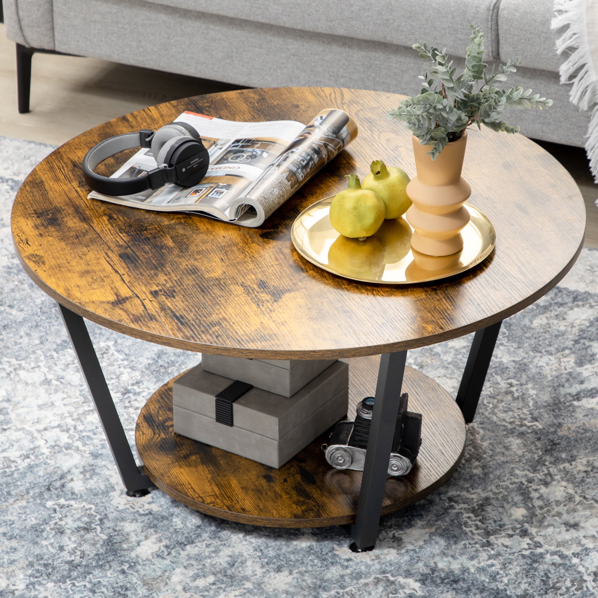 Matt 2-Tier Round Coffee Table with Storage Shelf, Industrial Center Table with Steel Frame for Living Room, Rustic Brown