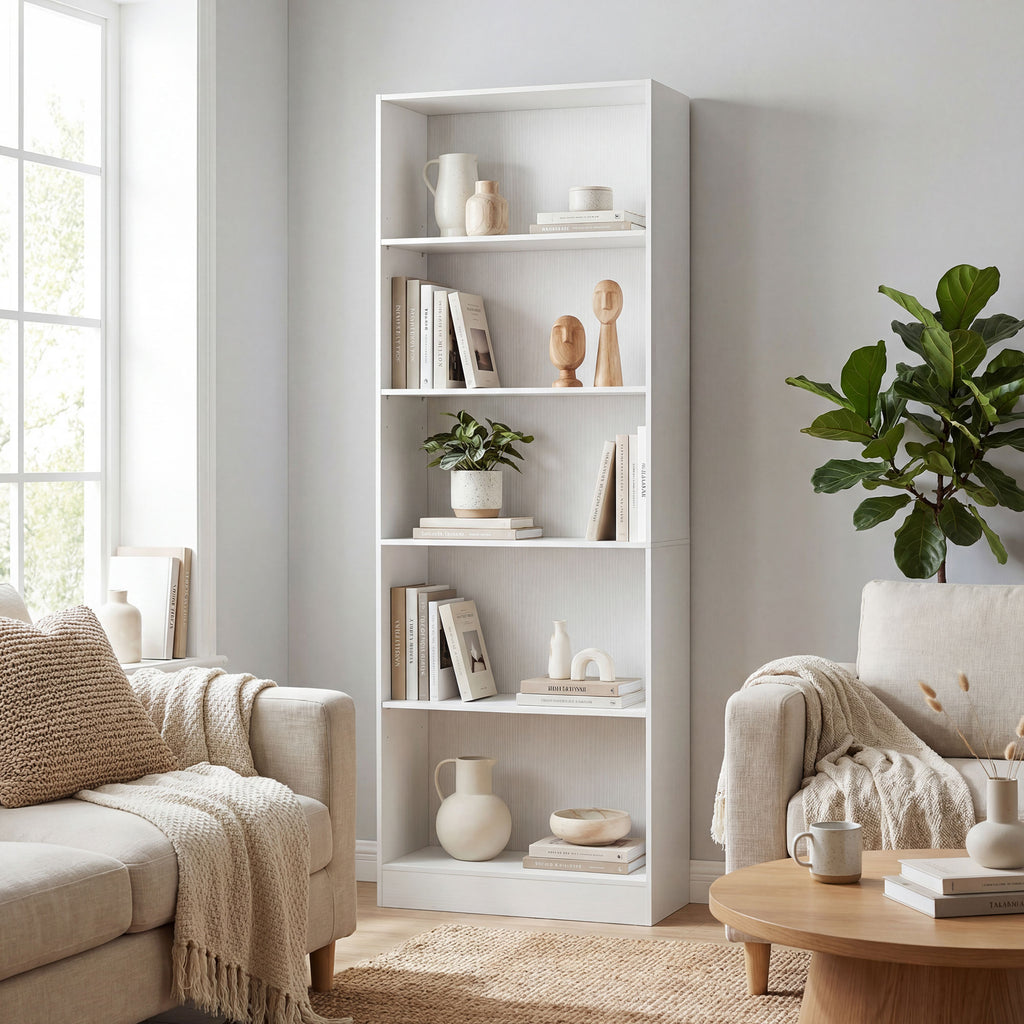 Leighton 5-Tier Storage Bookshelf with Adjustable Shelves-White