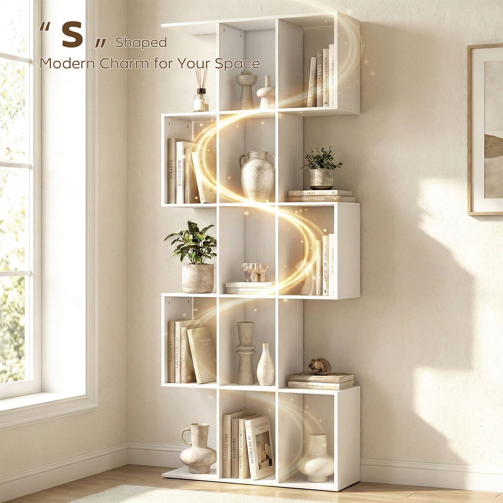 Ari 5-Tier S Shaped Geometric Bookshelf with 15 Compartments-White