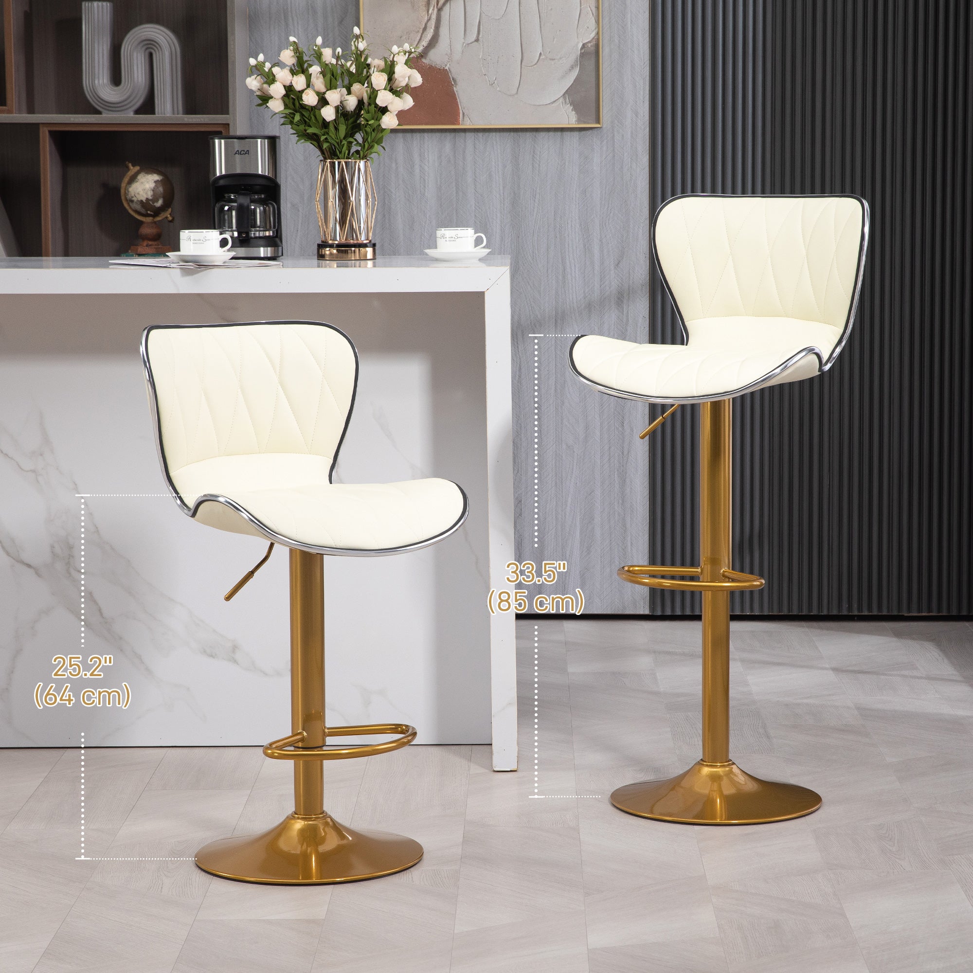 Maxi Counter Height Bar Stools Set of 2, Adjustable Height Bar Chairs with Swivel Seat, PU Leather Upholstery-White/Gold