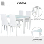 Zaya 5-Piece Rectangular Glass Kitchen Table and Chairs with Metal Frame and Faux Leather Upholstery for Dining Room, White