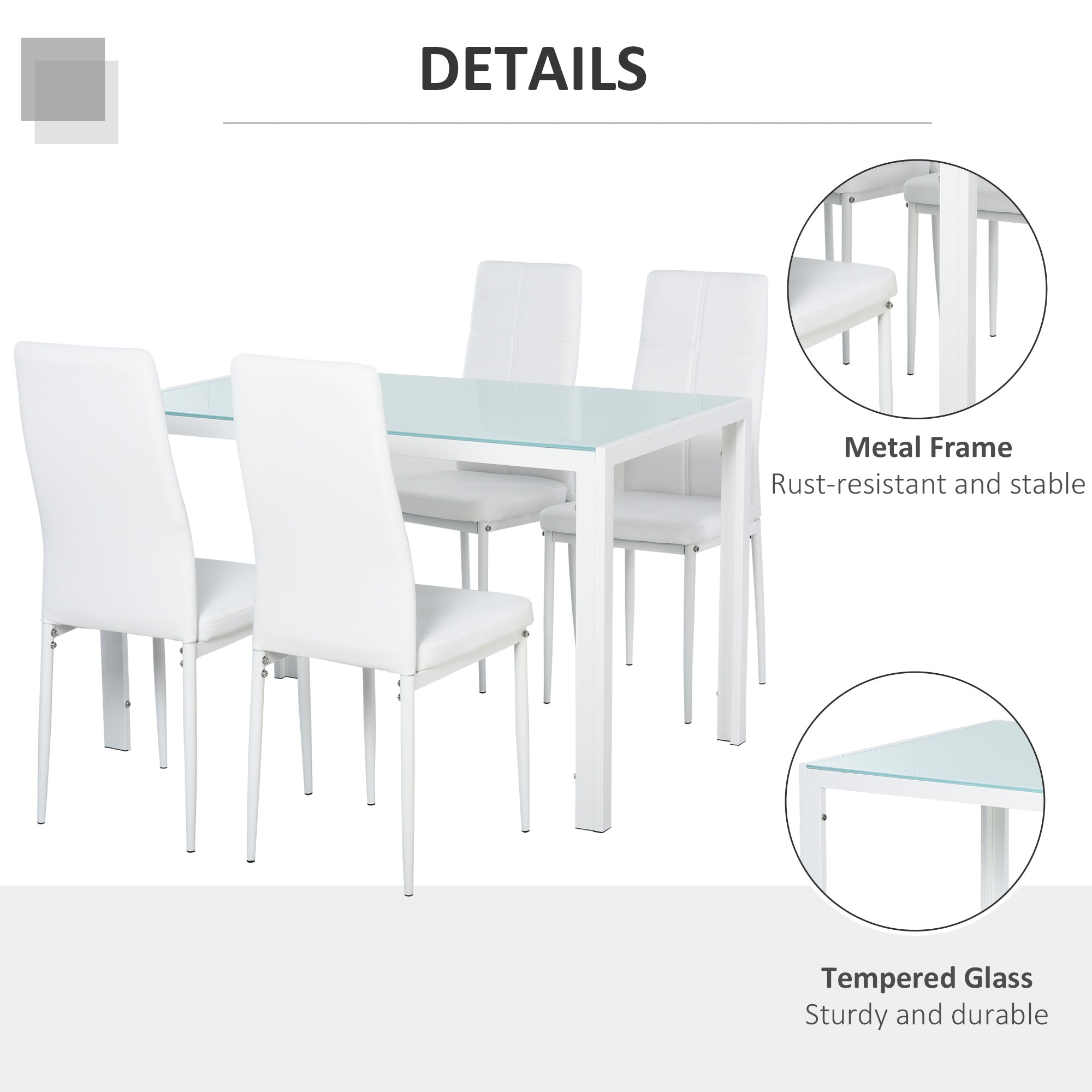 Zaya 5-Piece Rectangular Glass Kitchen Table and Chairs with Metal Frame and Faux Leather Upholstery for Dining Room, White