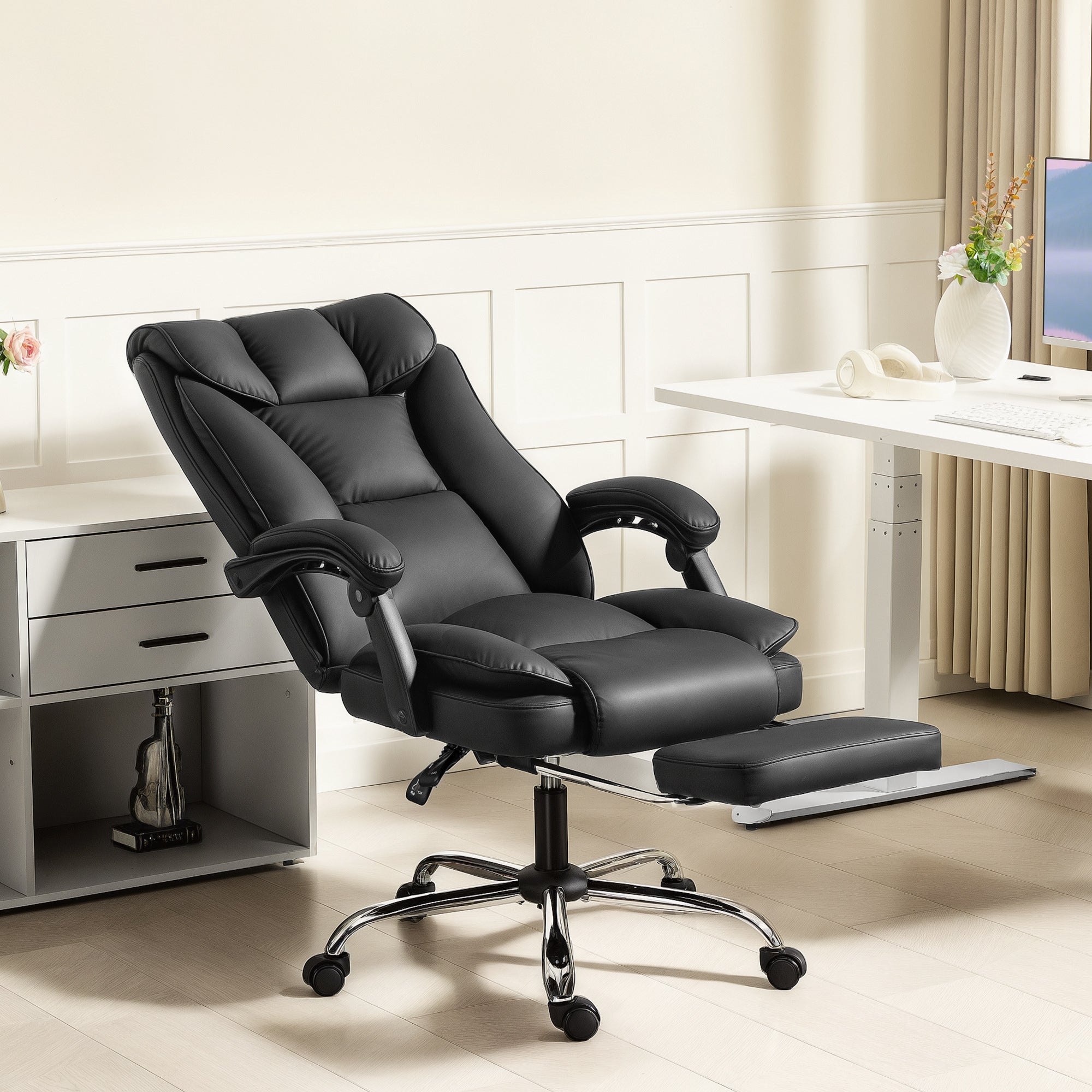 Alexis Executive Office Chair, Pet-Friendly Leather Ergonomic Desk Chair with Footrest, Swivel Recliner, Black