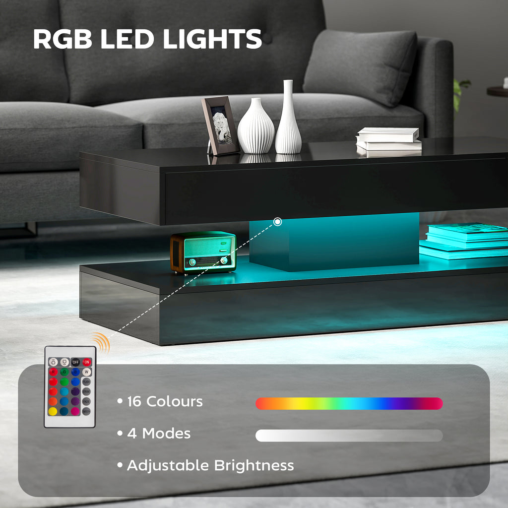 Erin Modern Coffee Table with 2 Drawers and Adjustable LED Lights-High Gloss Black