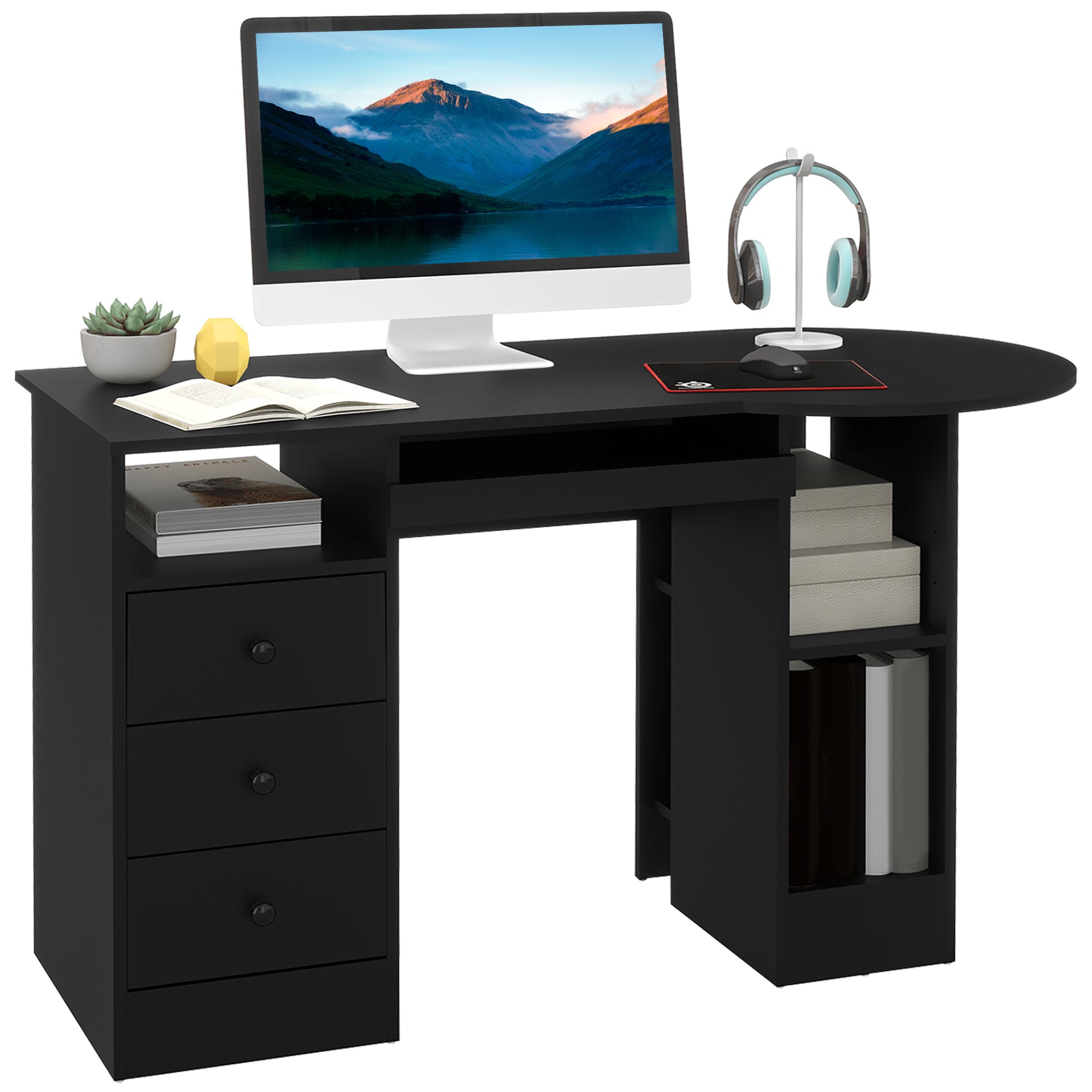Parker Office Desk with Storage, Modern Computer Workstation Desk with Keyboard Tray-Black