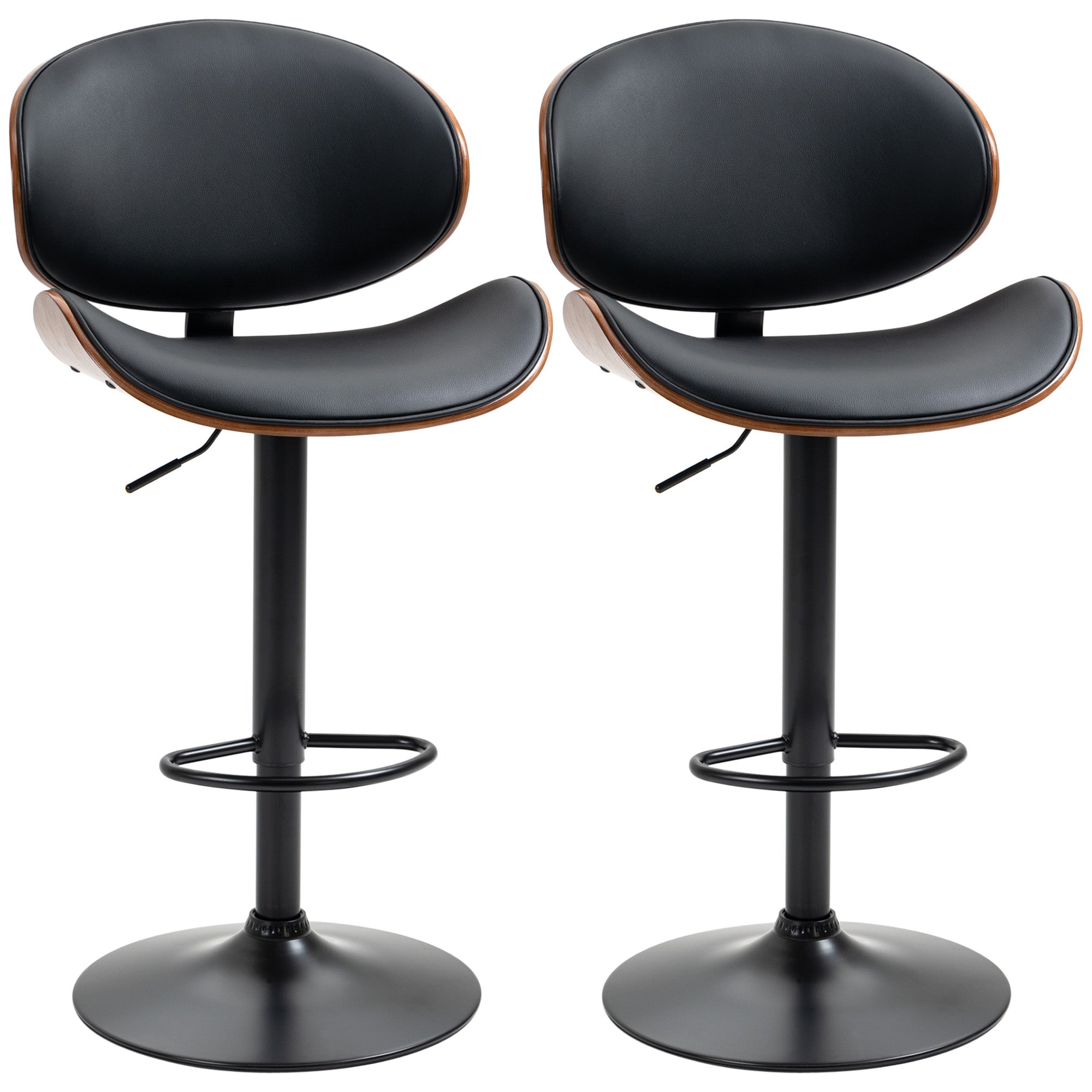 Alpine Adjustable Stools Set of 2, Modern PU Leather Adjustable Swivel Counter/Barstools with Curved Back, Footrest and Steel Base, Black