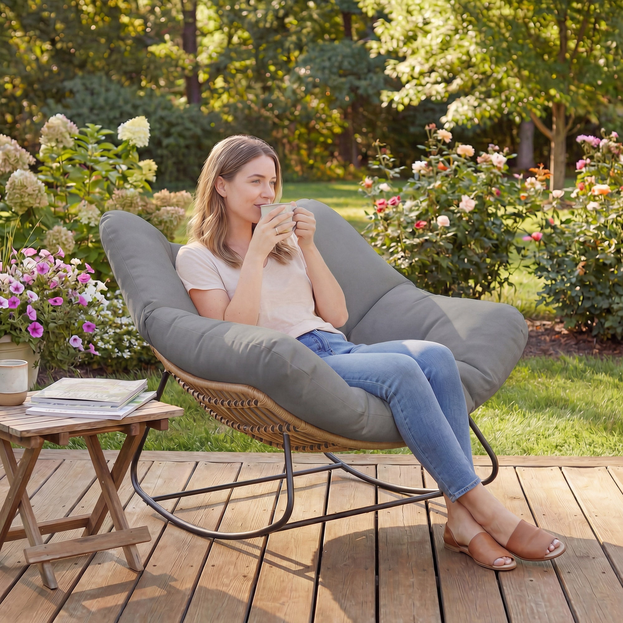 Hadley Indoor and Outdoor Oversized Papasan-Rocking Egg Chair-Grey