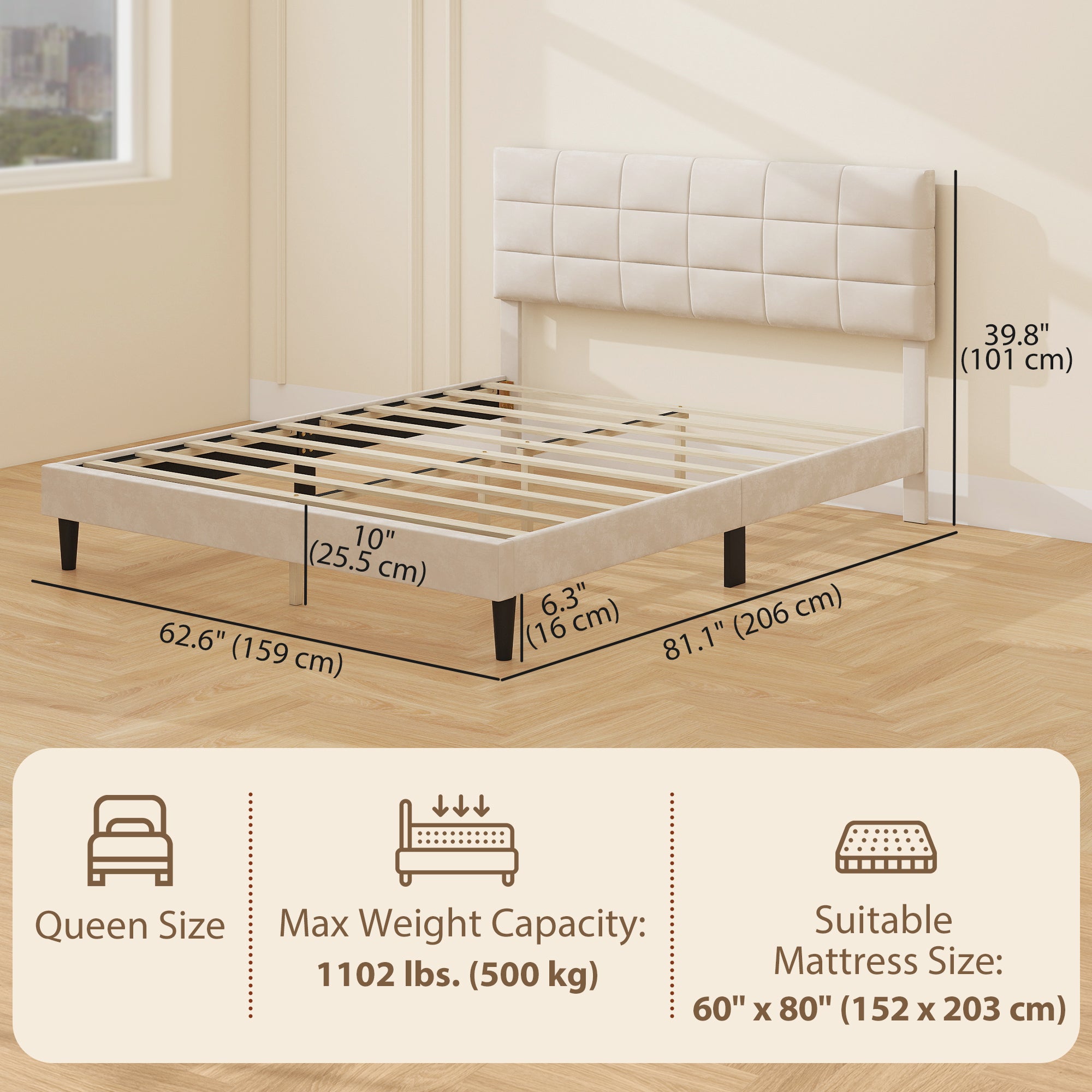 Harper Queen Size Bed Frame with Upholstered Headboard, Modern Platform Bed Frame with Wood Slats, 1100 lbs Capacity, Cream