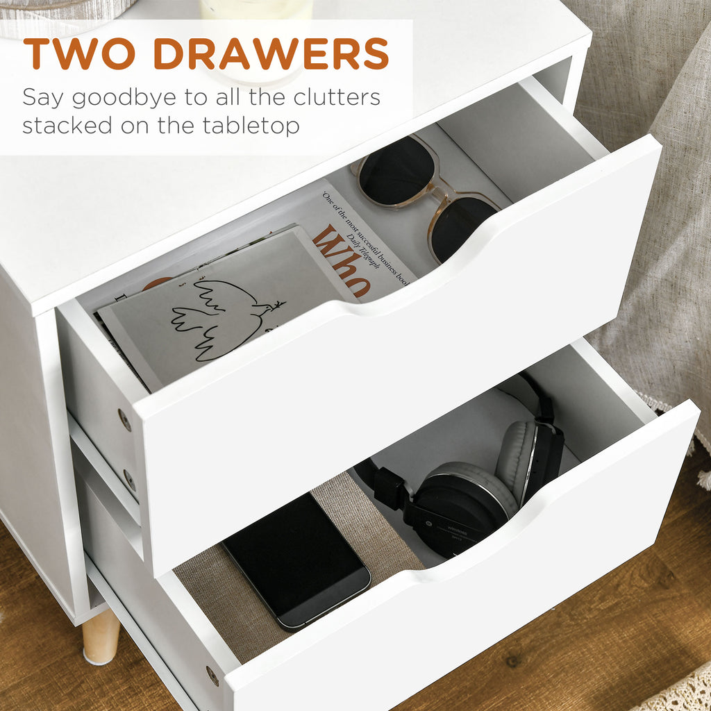 Jesse Modern Bedside Table, Nightstand with 2 Drawers and Pine Wood Legs for Bedroom, Living Room, White