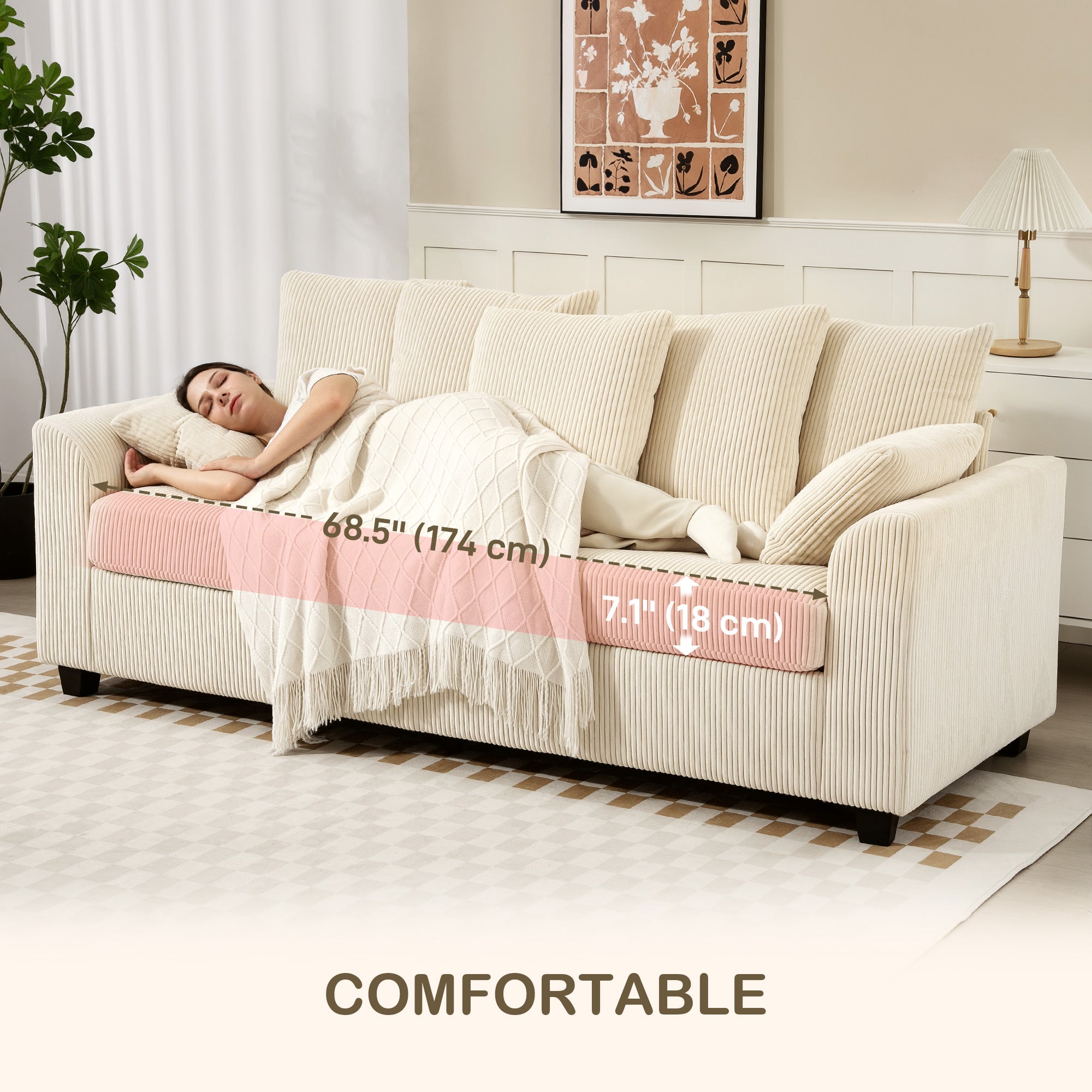 Ramsey Modern Corduroy 3 Seater Sofa with 8 Removable Pillows-Beige