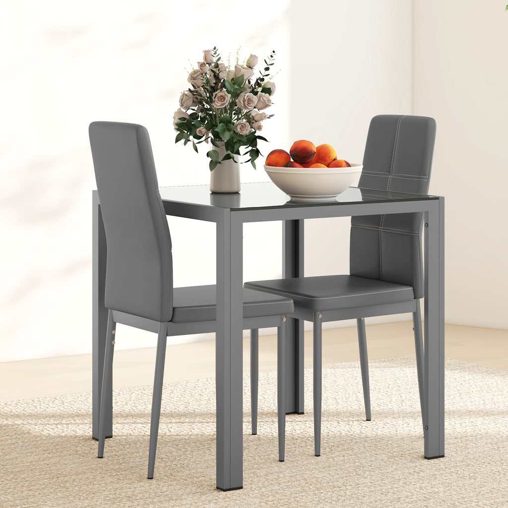 Zaya 3-Piece Rectangular Glass Kitchen Table and Chairs with Metal Frame and Faux Leather Upholstery for Dining Room, Grey