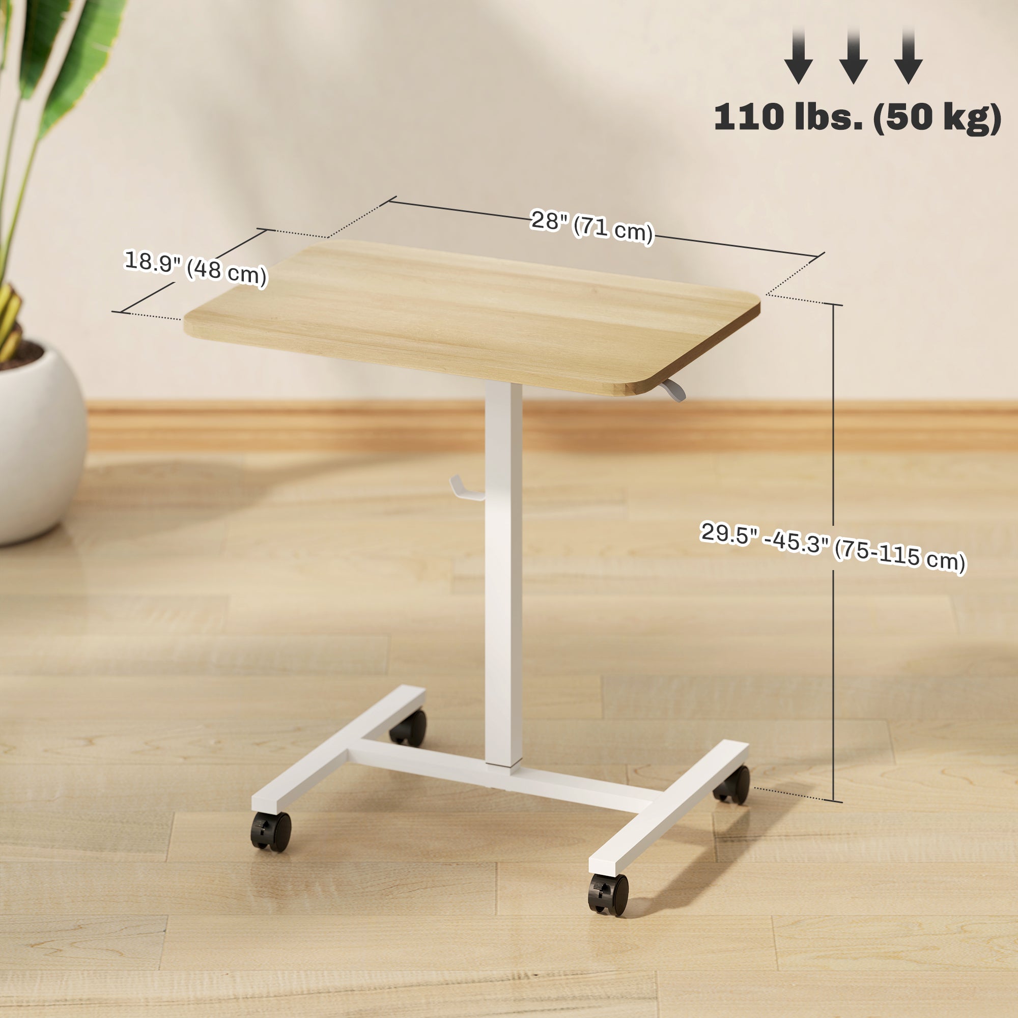 Eden Height Adjustable Standing Desk, Pneumatic Sit Stand Desk with Wheels and Headphone Hook for Home Office, Natural
