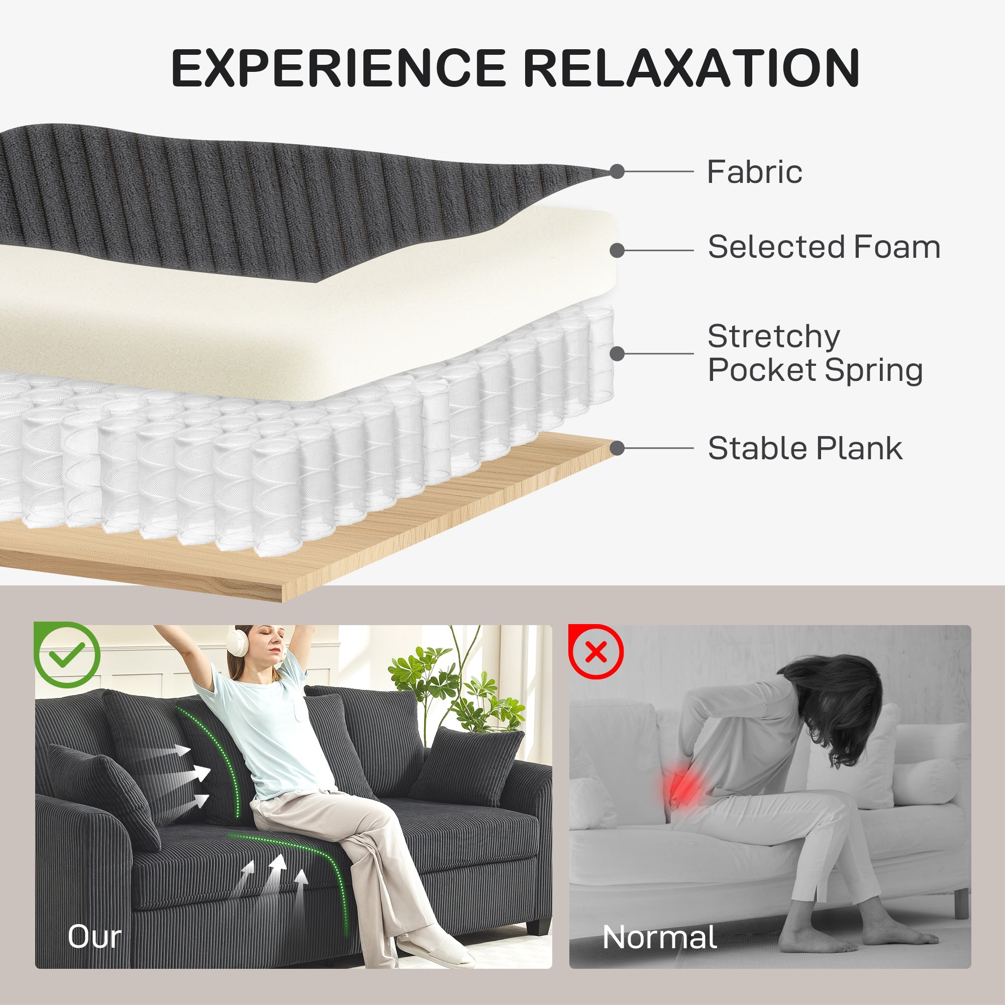 RAMSEY Corduroy Couch, 3 Seater Sofa, Modern Upholstered Couch with Curved Armrests and 8 Removable Pillows, Dark Grey