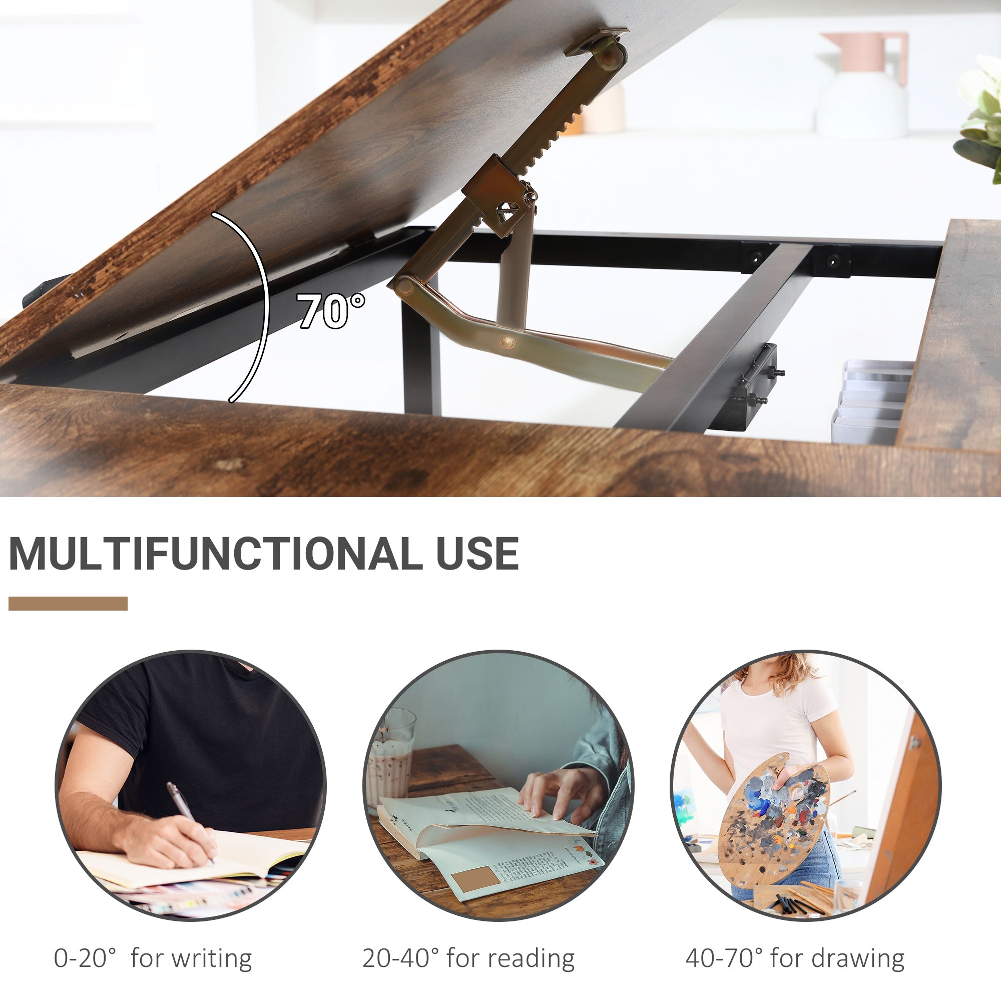 Arden Adjustable Drafting Table Art Desk Drawing Table Craft Desk Workstation for Painting Multifunctional Writing Desk with Tiltable Tabletop and Storage Shelf Rustic Brown
