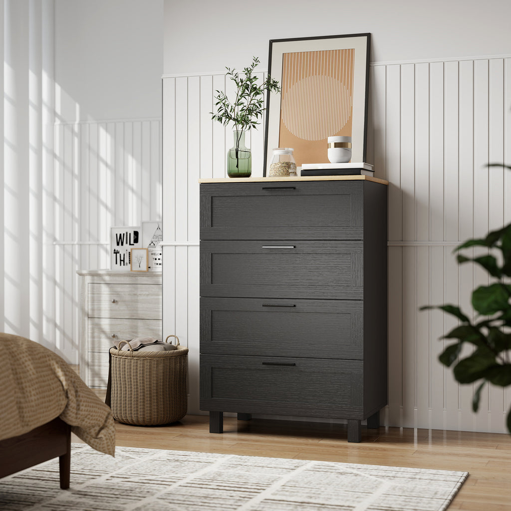 Taylor Chest for Bedroom with 4 Drawers, Chest of Drawers with Solid Wood Legs for Closet, Living Room, Entryway, Black