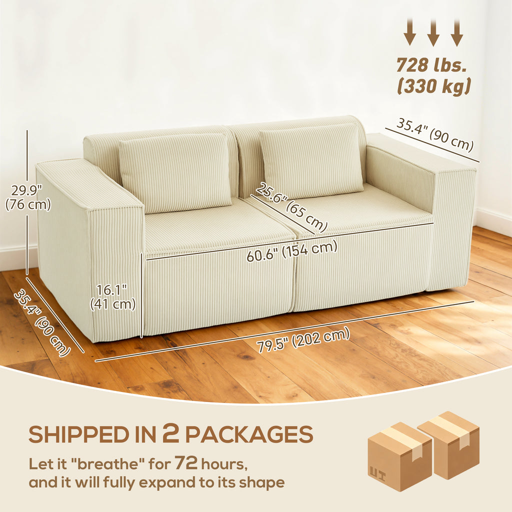 IVAN Boneless Couch, Corduroy 3 Seater Sofa with Deep Seat, Wide Armrests, 2 Pillows, Quick Assembly for Living Room, Beige