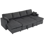 Theo Convertible Sofa Bed, Corduroy U-Shaped Sleeper Sofa Couch with Storage Chaise, Pillows, Spring, Futon Couch, Grey