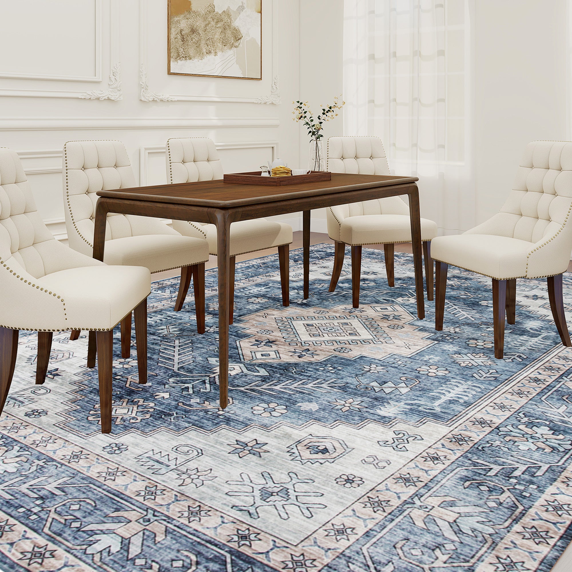 Brady 8x10 Vintage Machine Washable and Non-Slip Floor Area Rug-Blue