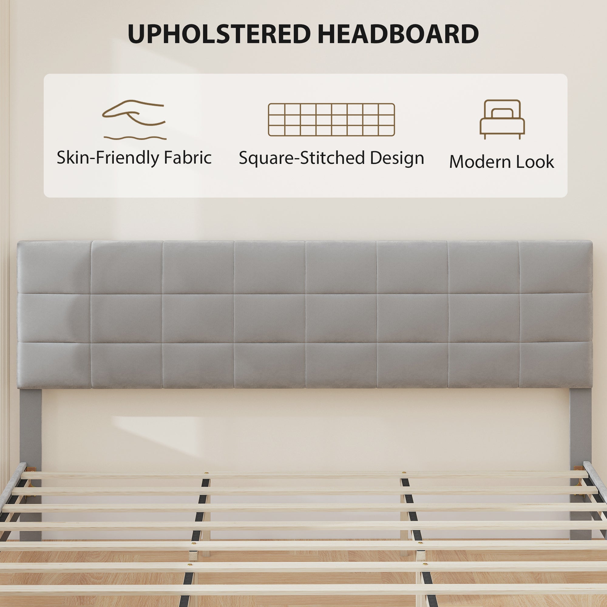 Harper King Size Bed Frame with Upholstered Headboard, Modern Platform Bed Frame with Wood Slats, 1100 lbs Capacity, Grey