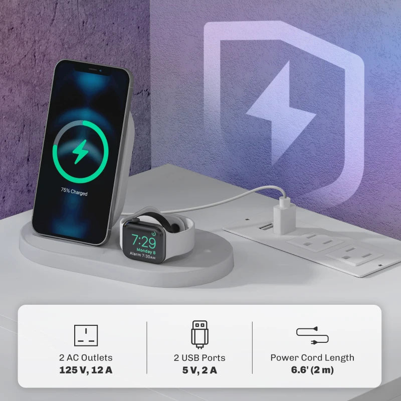 Emma Bedside Table with Charging Station and LED Light Modern Nightstand with USB Ports AC Outlets Drawers Remote, White