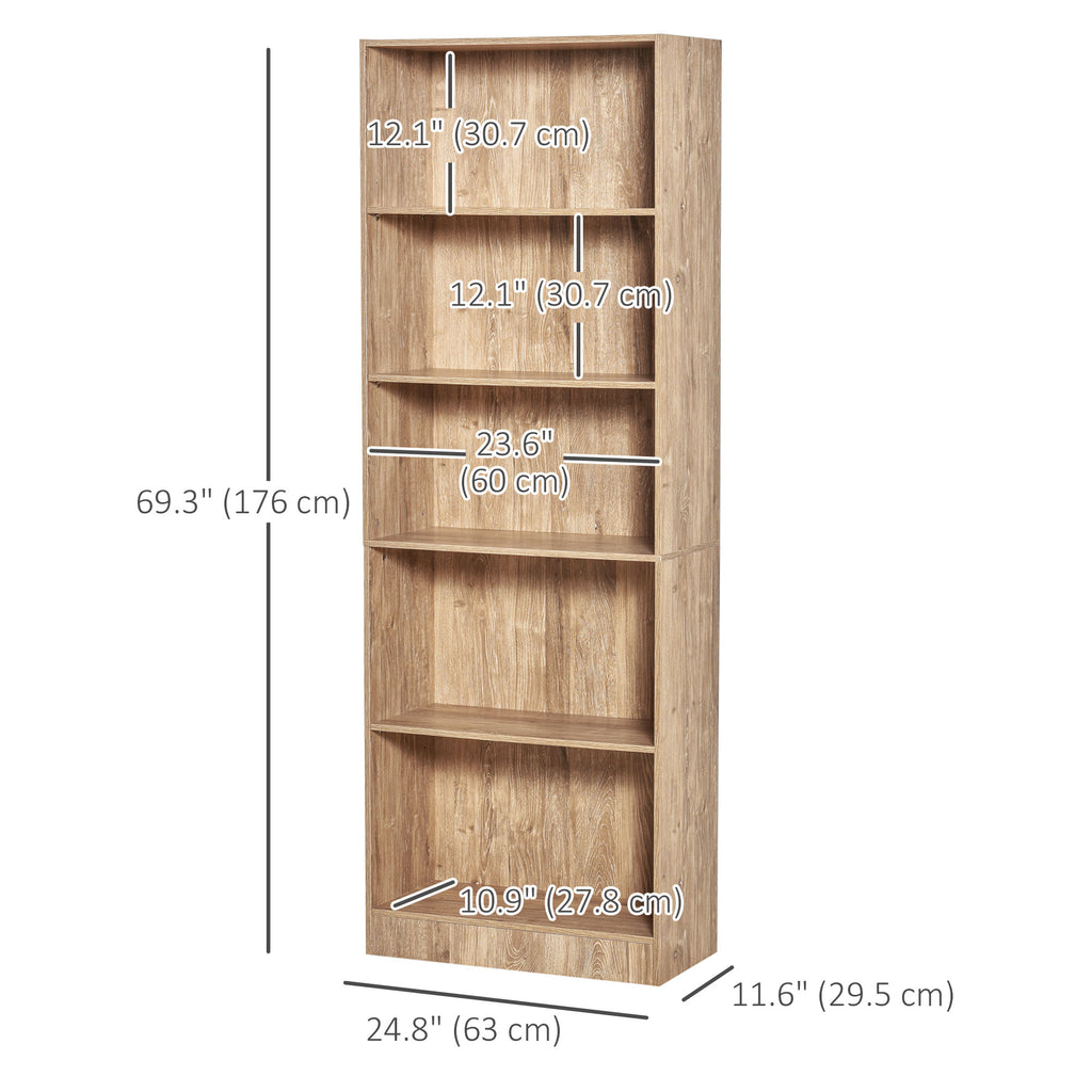 Leighton 5-Tier Storage Bookshelf with Adjustable Shelves-Natural Wood