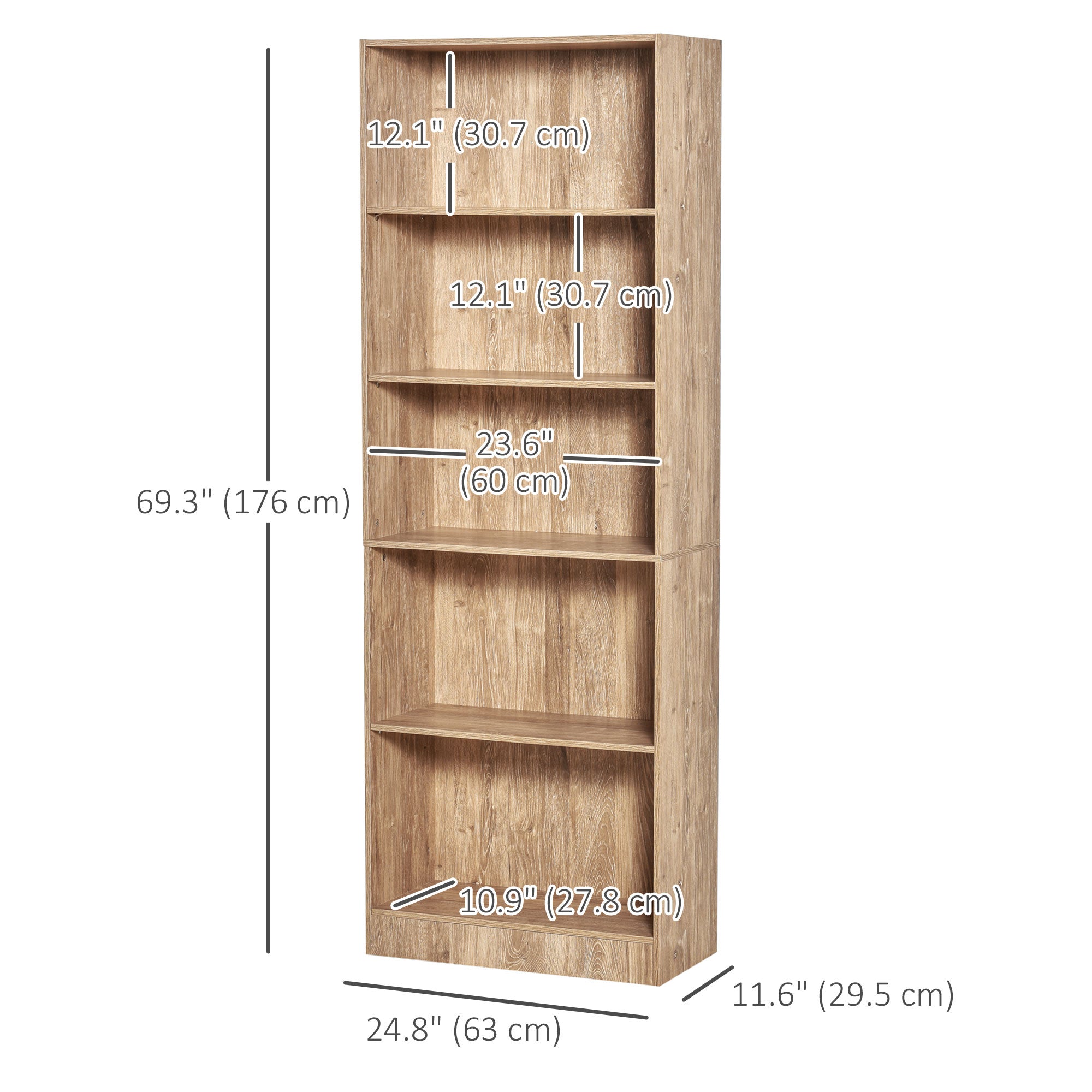 Leighton 5-Tier Storage Bookshelf with Adjustable Shelves-Natural Wood