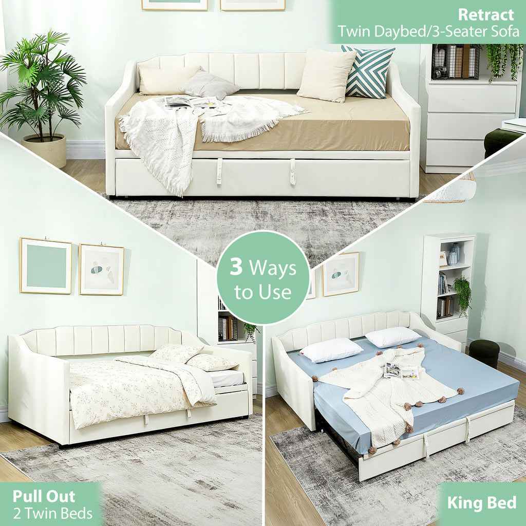 Atlas Upholstered Twin Trundle Bed, Extendable Twin to King Day Bed with Headboard and Armrests-Cream White