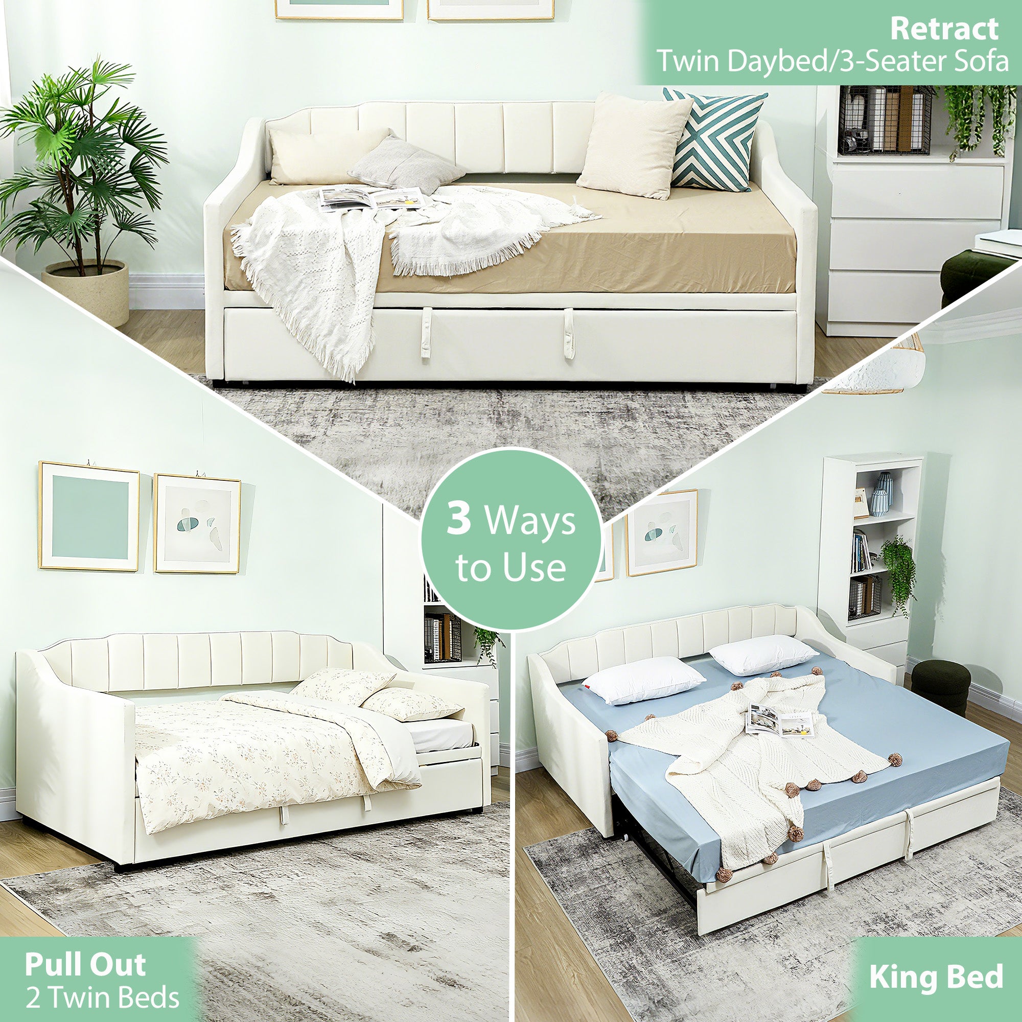 Atlas Upholstered Twin Trundle Bed, Extendable Twin to King Day Bed with Headboard and Armrests-Cream White
