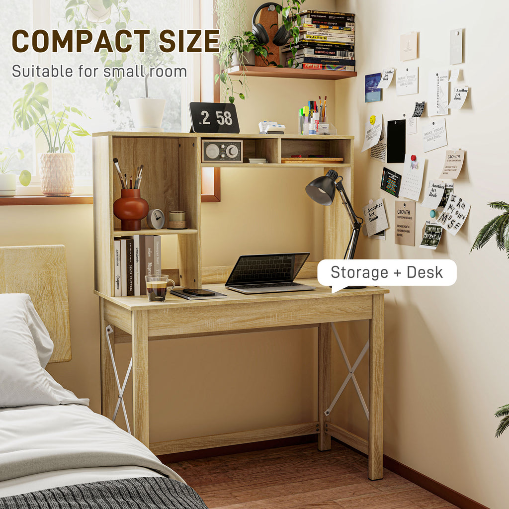 Sloan Computer Desk with Hutch, Home Office Table with Storage Shelves and Open Compartments for Writing, Work, Oak