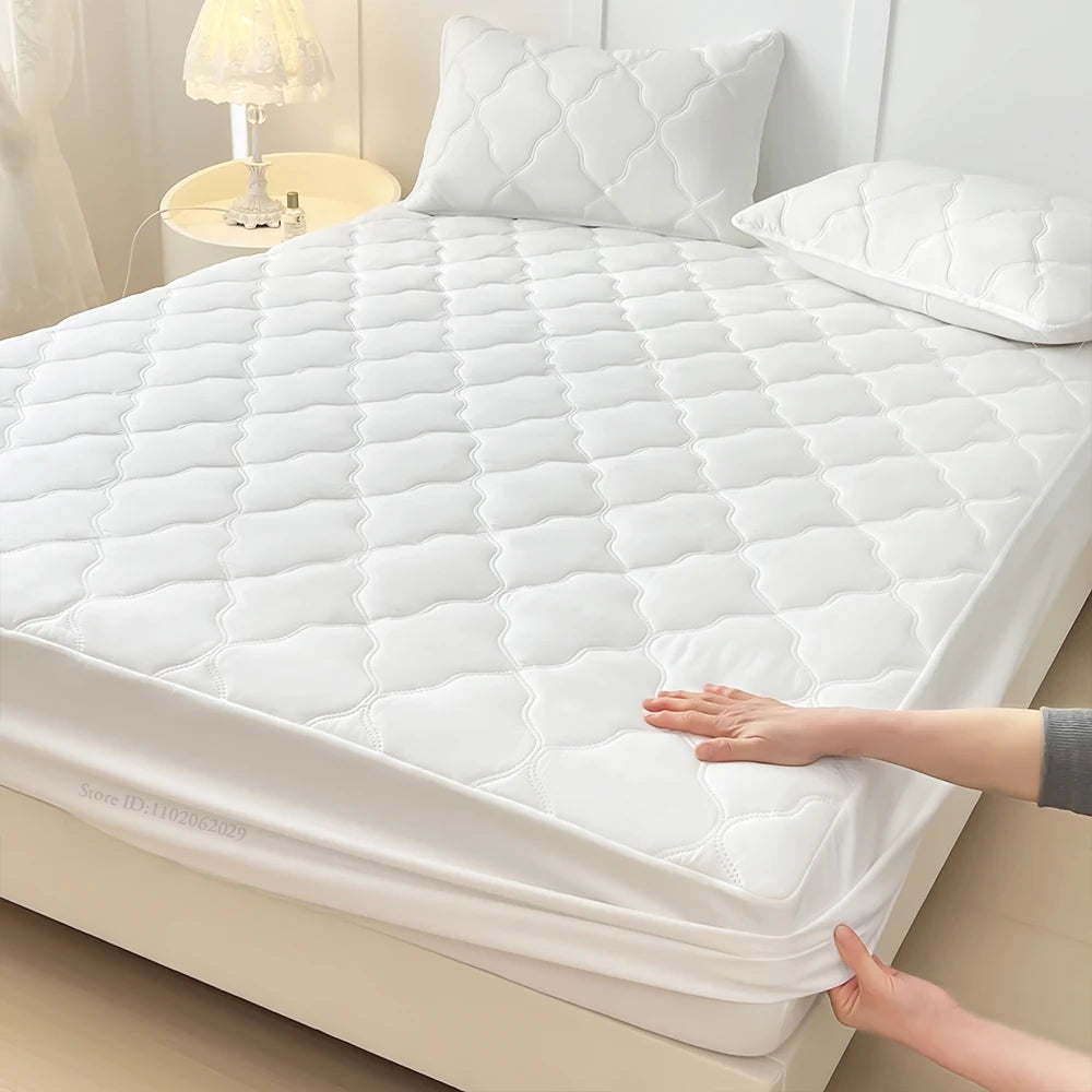 Breathable Waterproof Cotton Mattress Protector-Premium Fitted Sheet Mattress Cover-4 Sizes Available-White/Grey