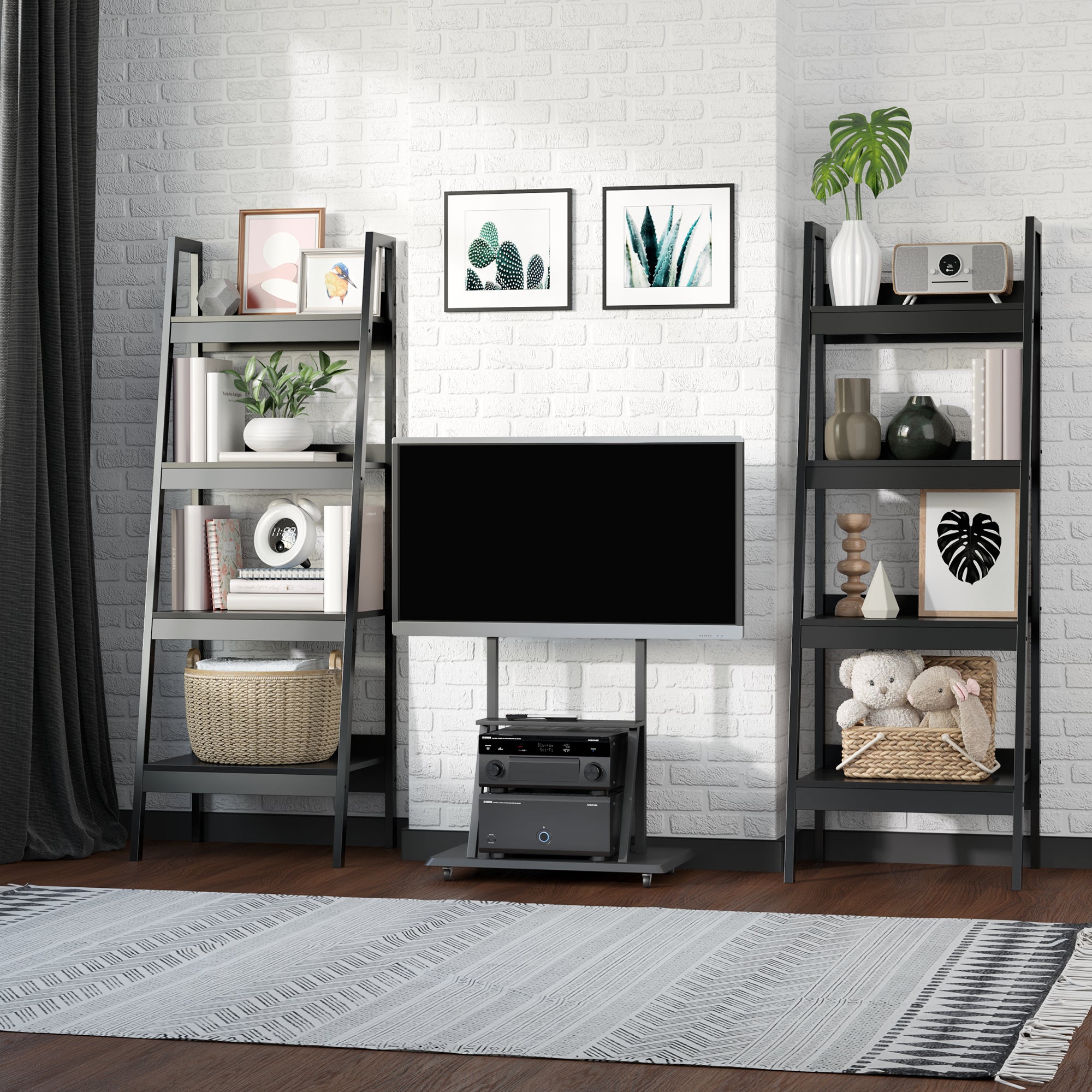Keegan Set of 2, 4 Tier Ladder Shelf Bookcase/Multi-Use Display Rack for Home Office or Living Room-Black