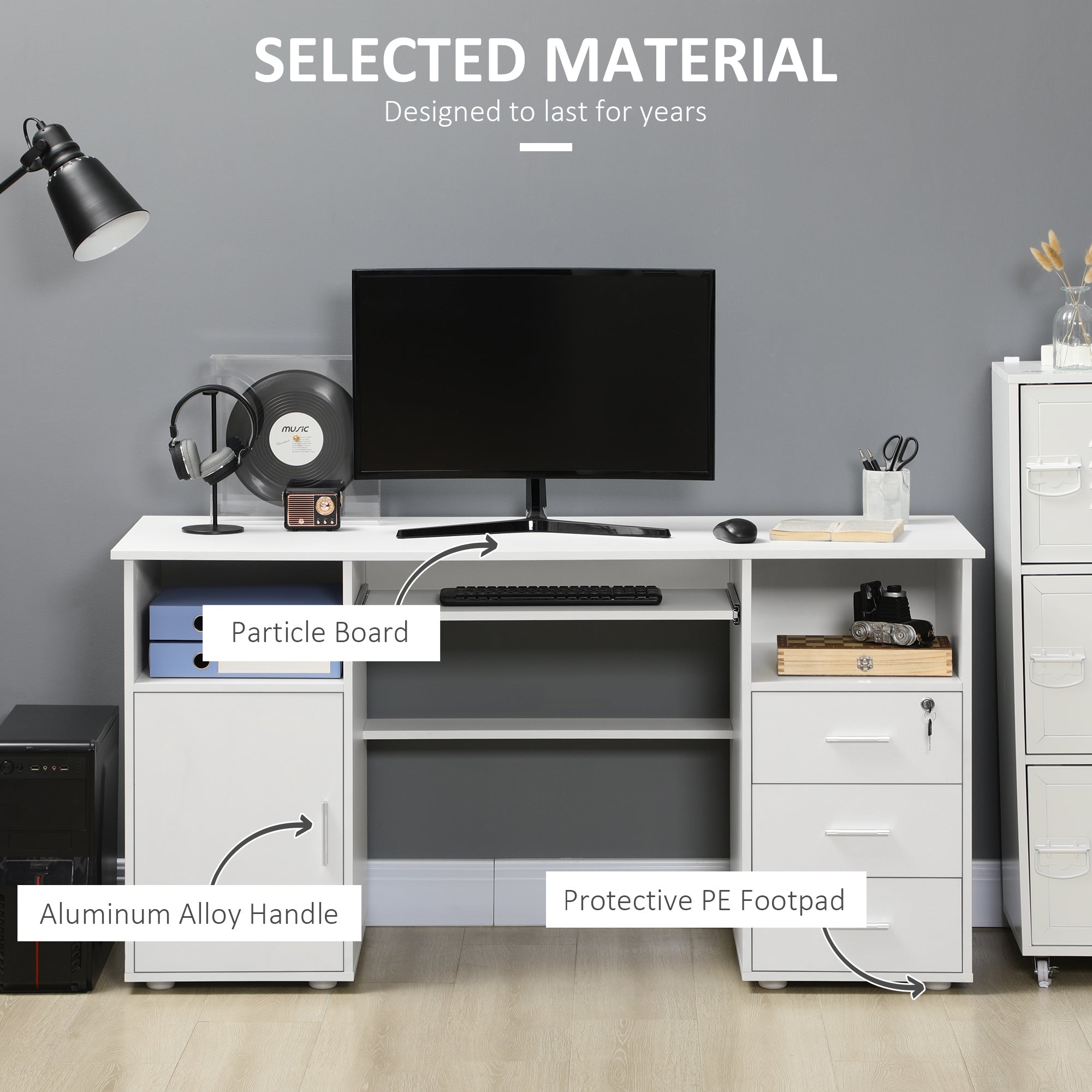 Bloom Computer Desk with Keyboard Tray and Drawers, Writing Desk, Home Office Workstation, White