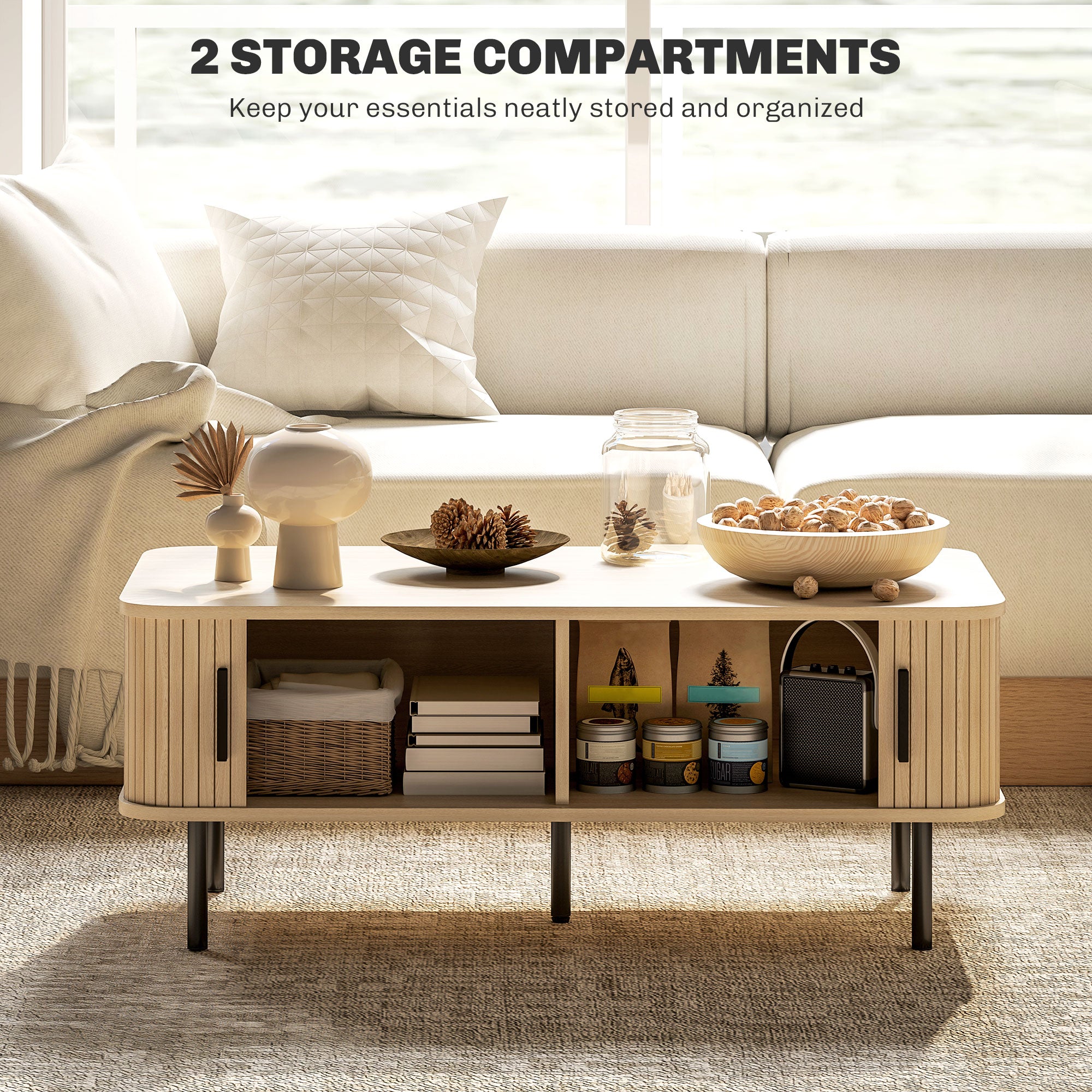 Brighton Coffee Table with Storage and Slatted Tambour Sliding Doors-Oak