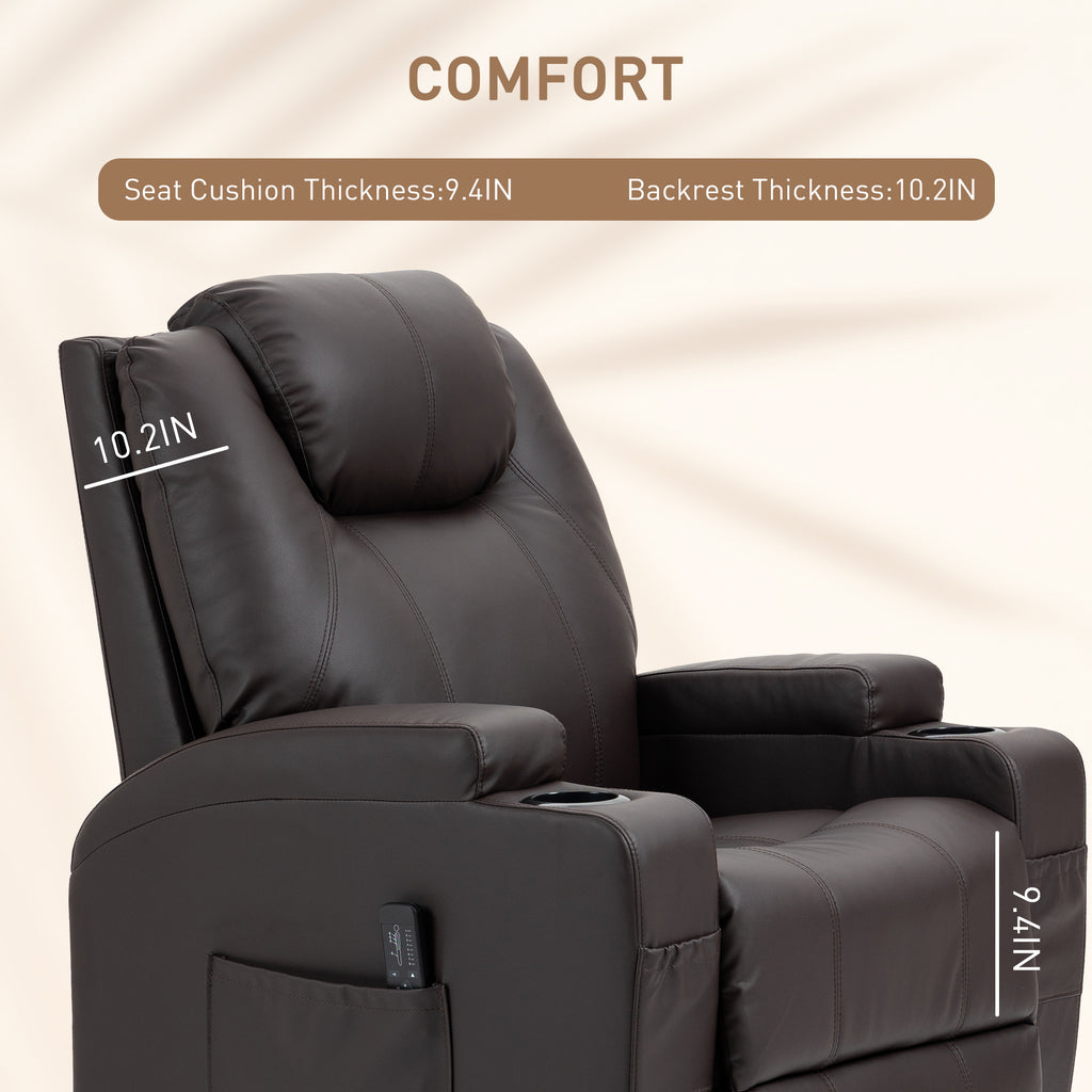 Brady Massage Recliner Chair, Swivel Nursery Rocker Chair, Manual Reclining Sofa with 8 Vibration Points, PU Leather, Cup Holders, Side Pockets, for Living Room, Brown