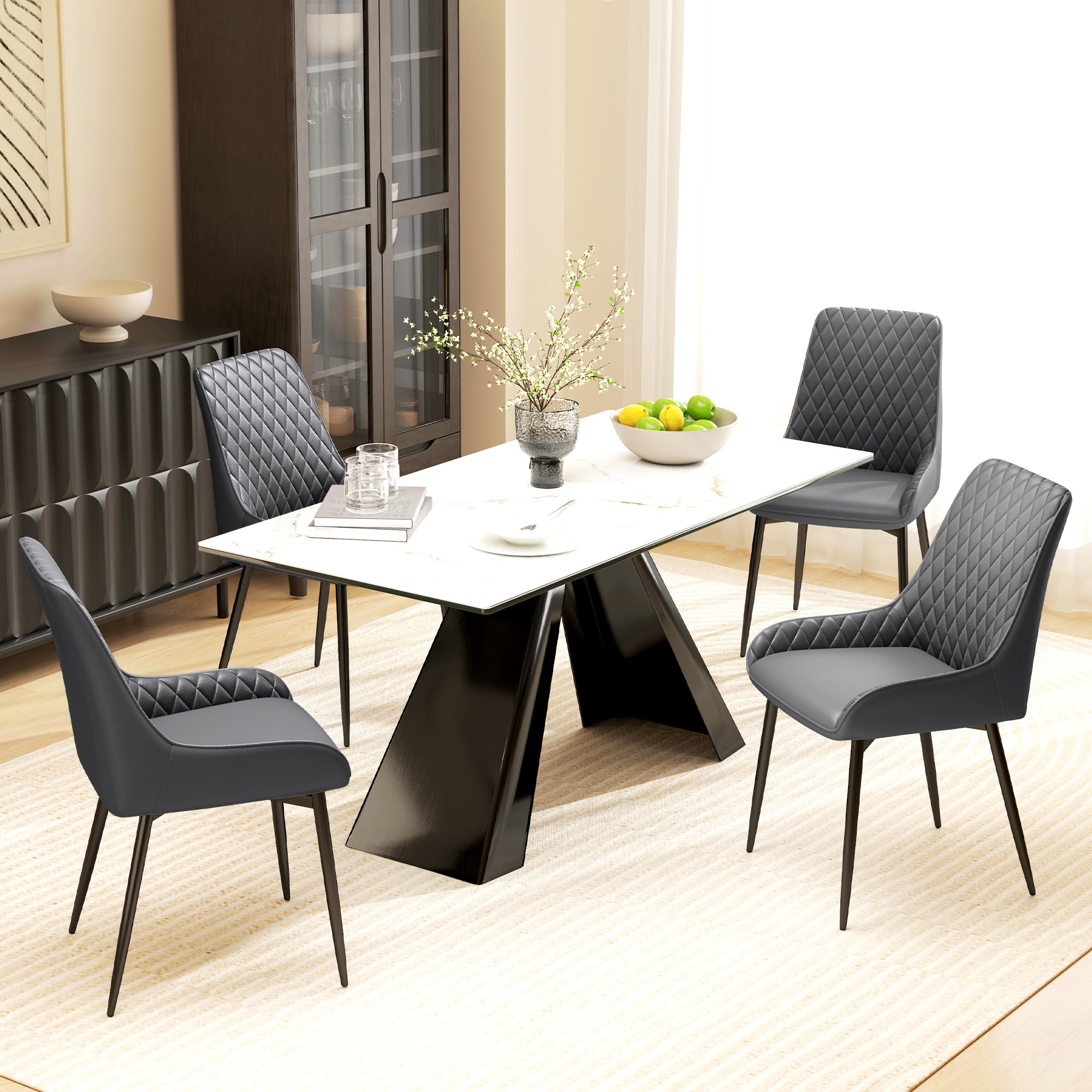 Blake PU Leather Kitchen Chairs, Modern Dining Chairs Set of 2 with Diamond Tufting and Steel Legs for Dining Room, Grey